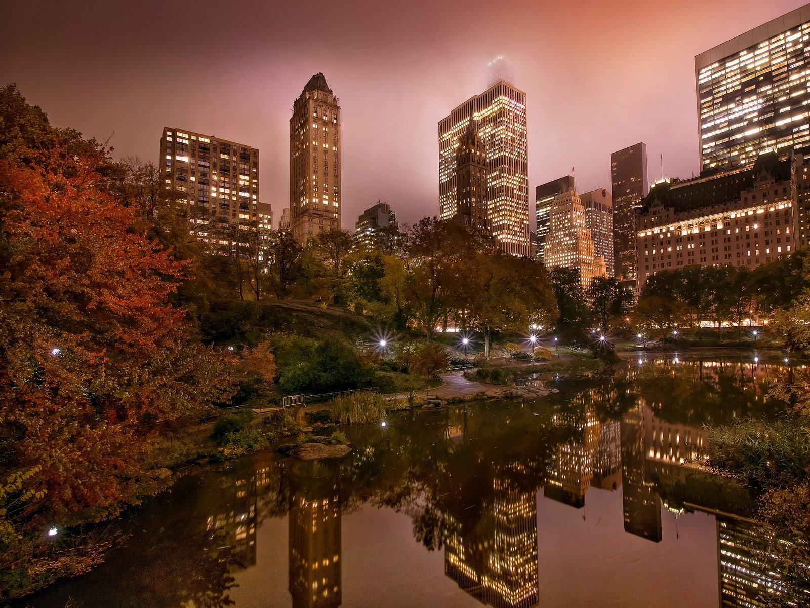 city, pond, Central Park, New York City