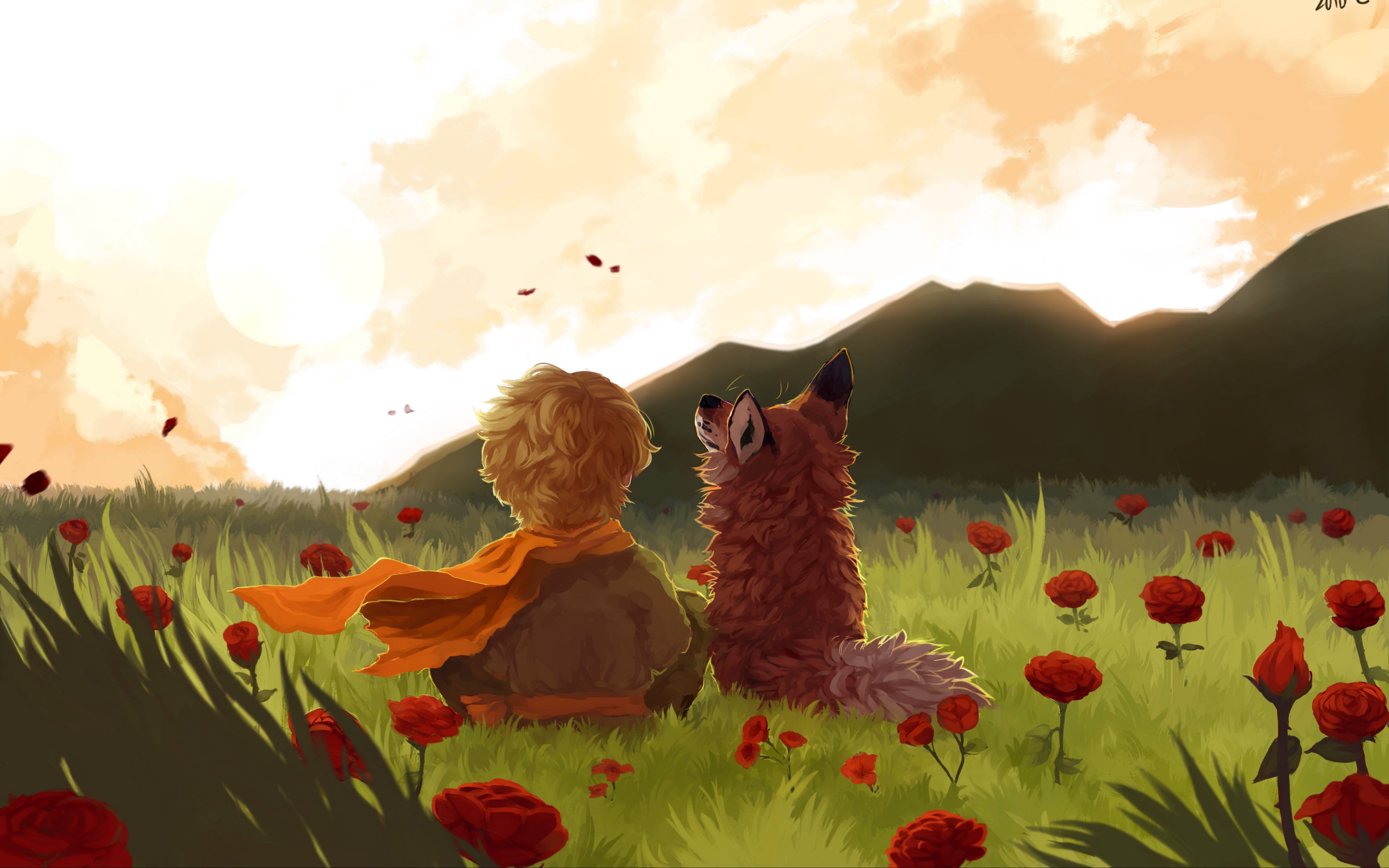 fox, field, landscape, art, flowers, mountains, painting, child