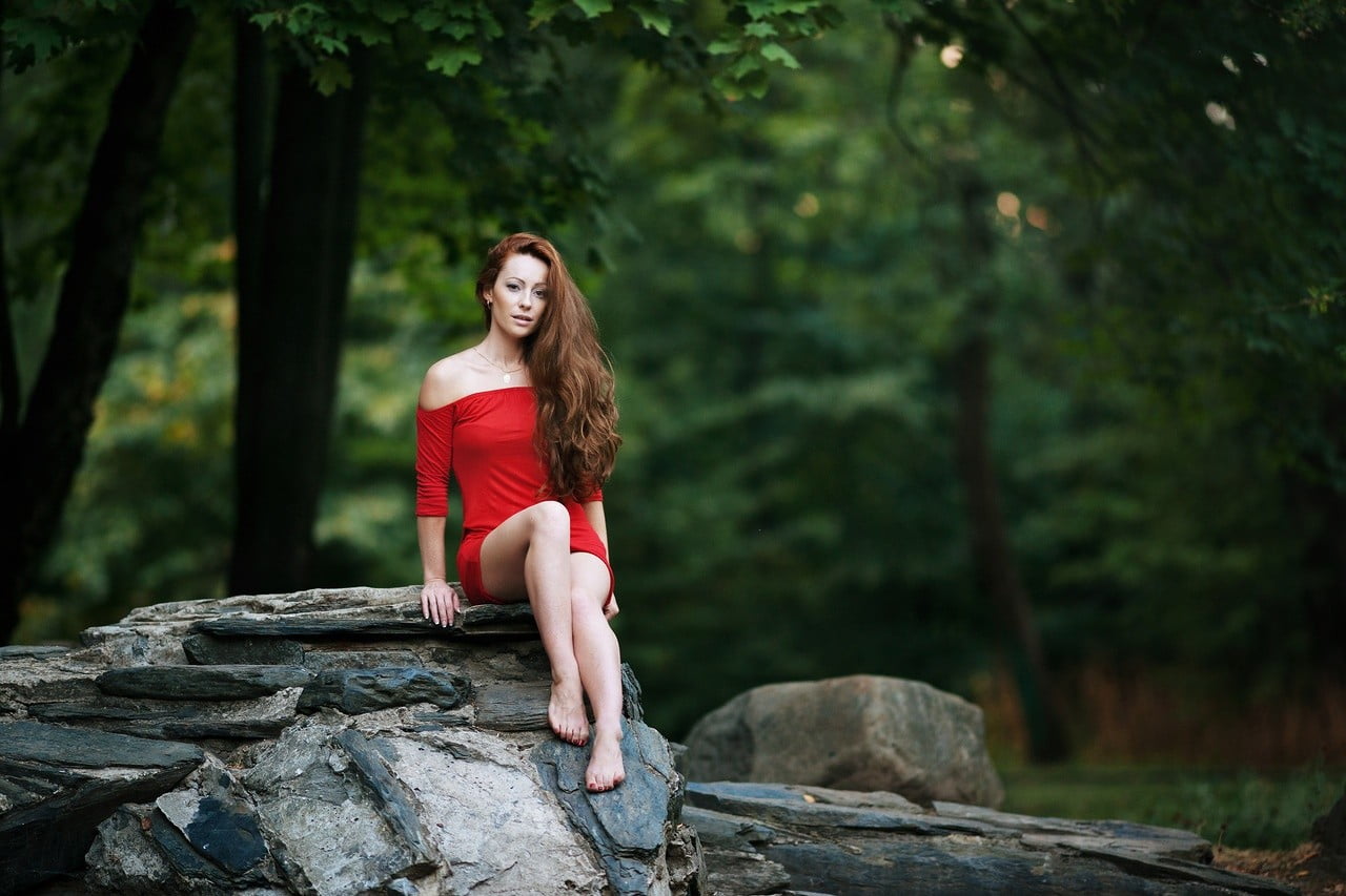 Free Download Hd Wallpaper Women S Red Off Shoulder Dress Redhead Red Dress Legs Long