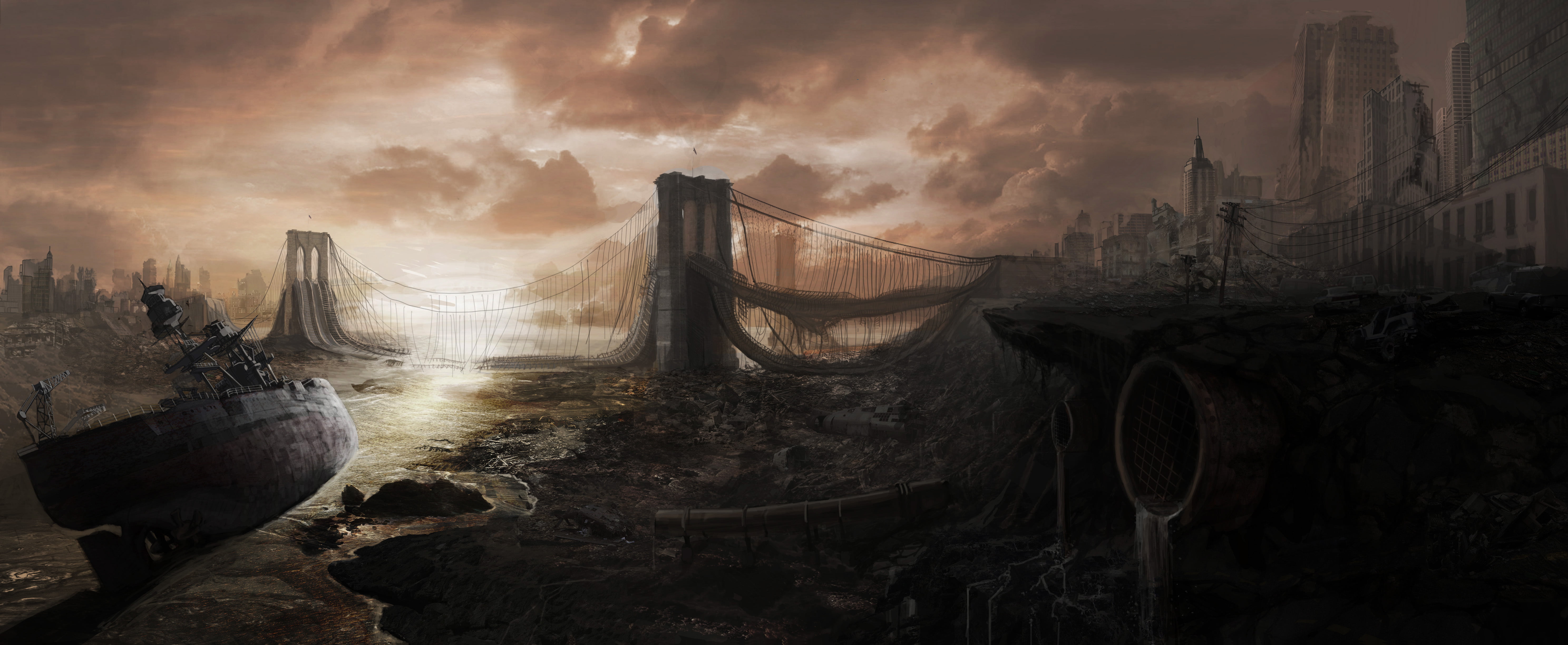 ship illustraiton, bridge, the city, devastation, ruins, postapokalipsis