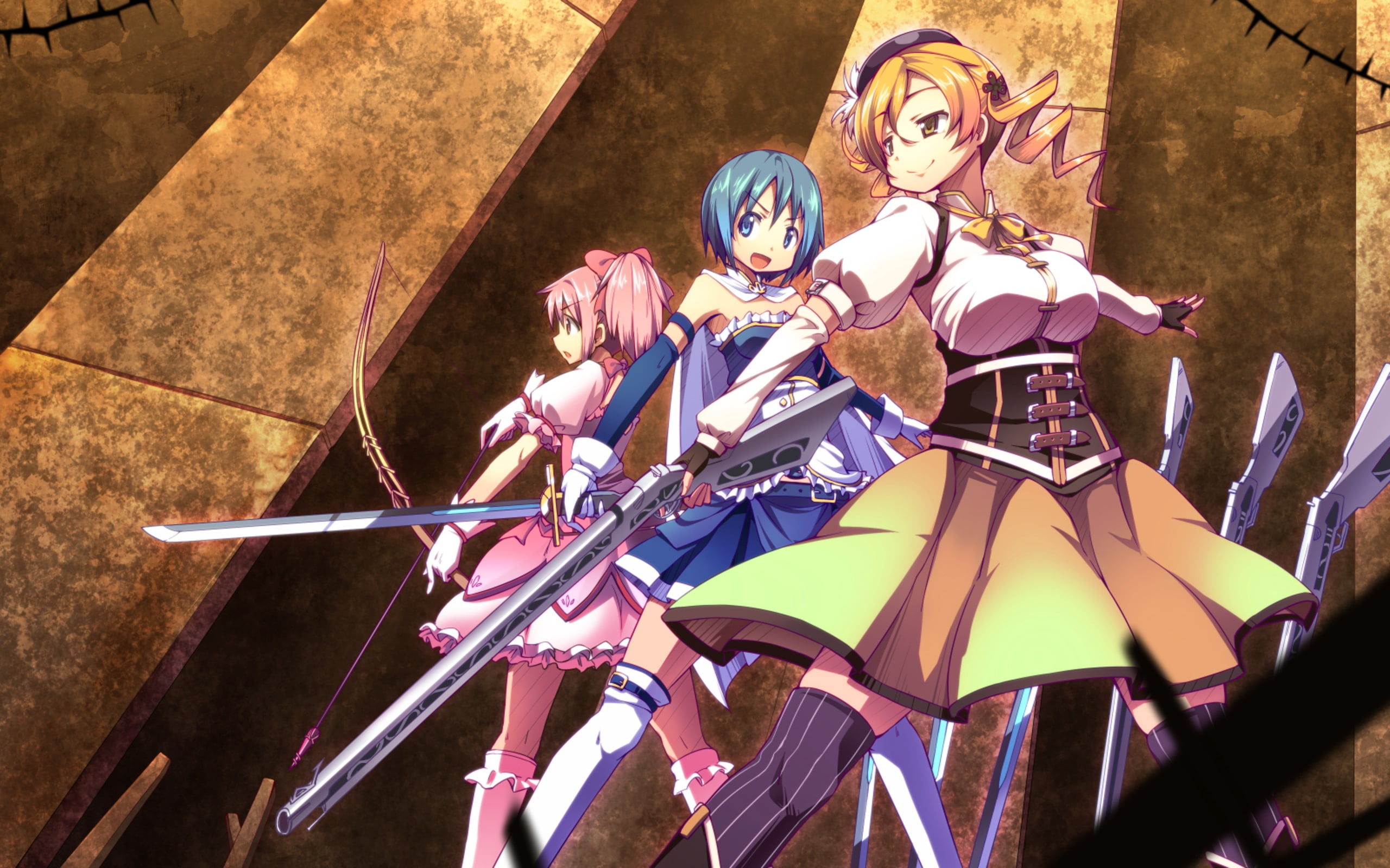 three women holding sword and bow animated characters digital wallpaper