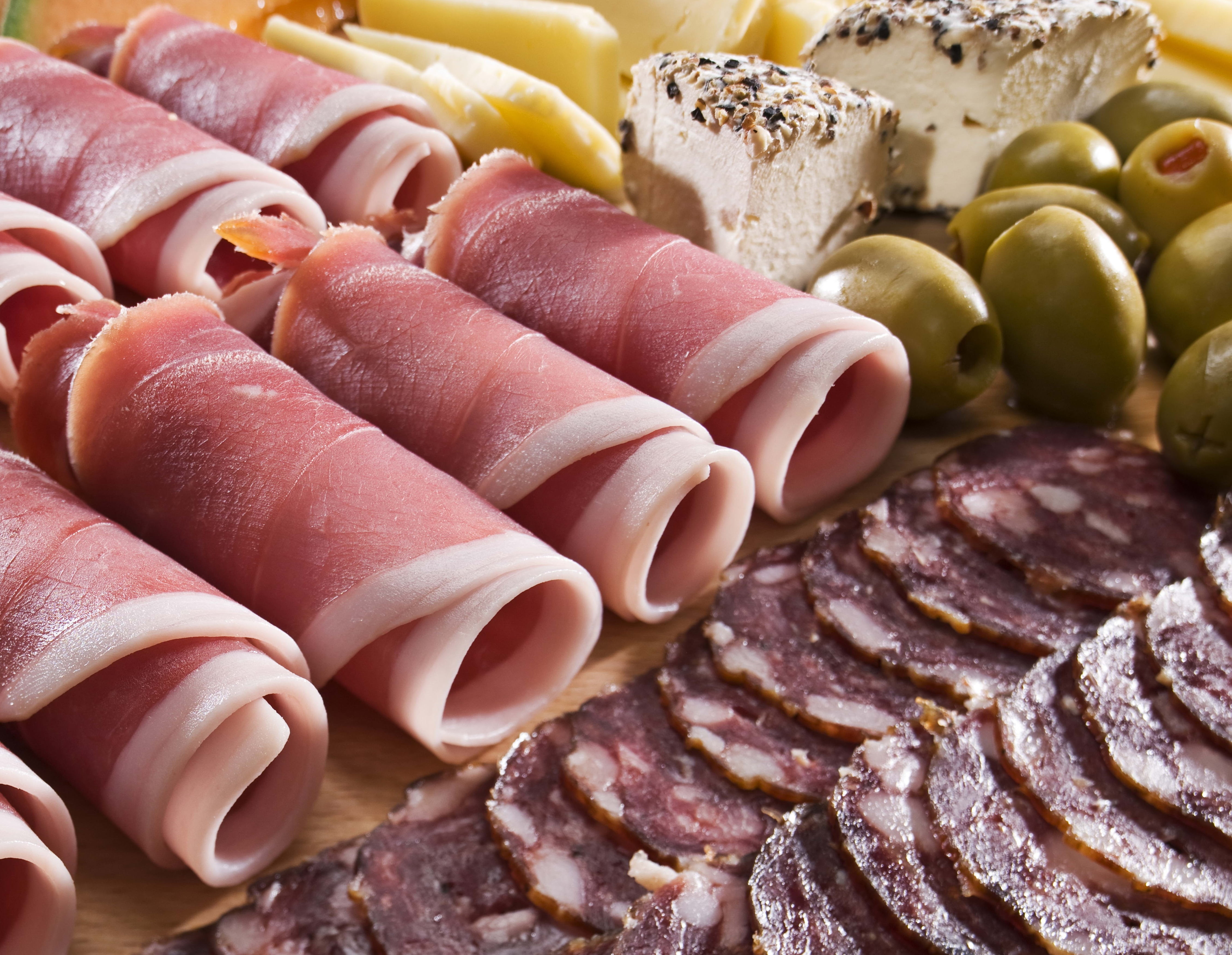 bacon strips, sausage, meat, olives, cheese, slices, food, pork