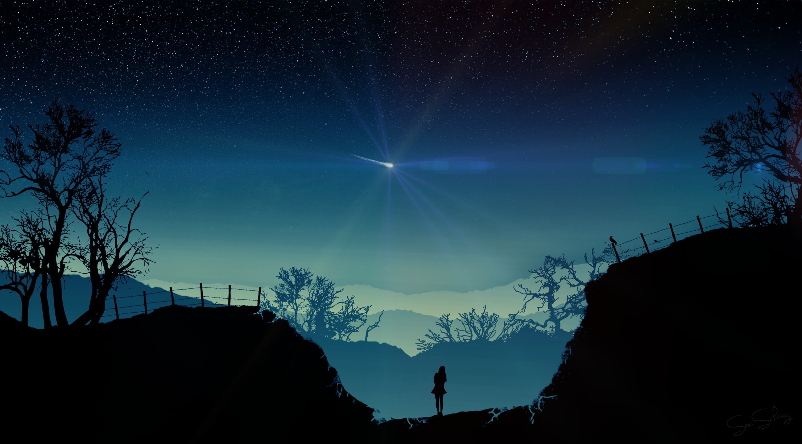 silhouette of person in mountain wallart, star - space, sky, tree