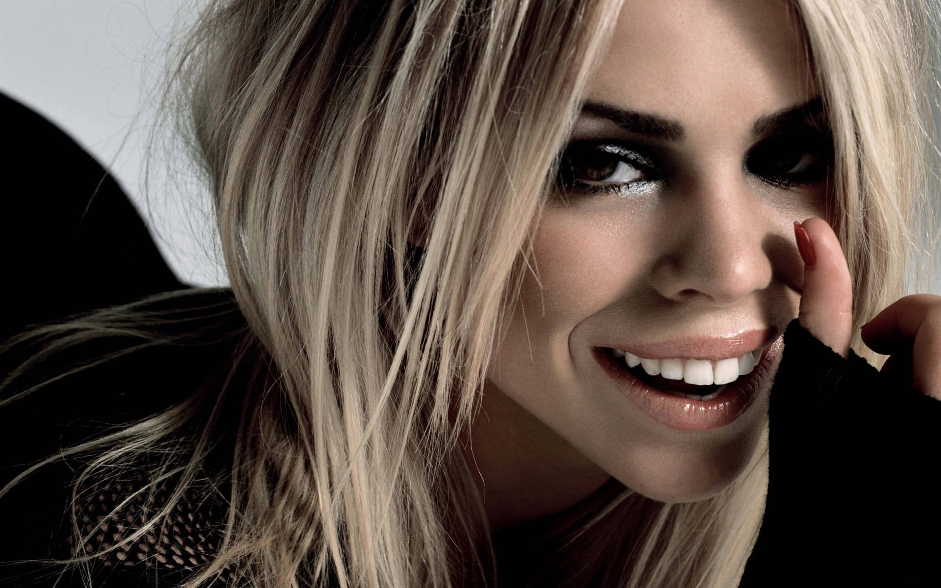 women's black leather jacket, billie piper, girl, blonde, smile