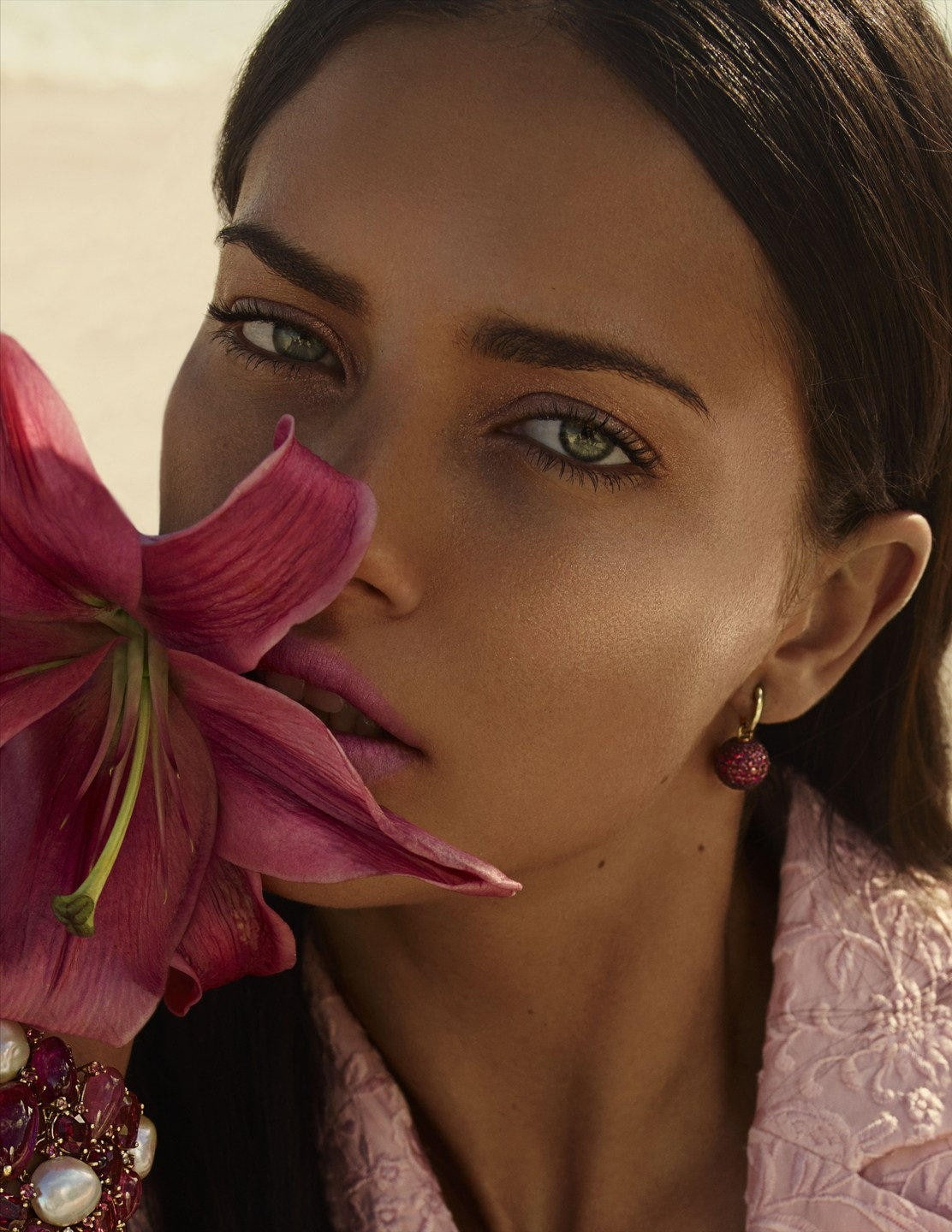 model, closeup, lilies, green eyes, Adriana Lima, flowers, portrait