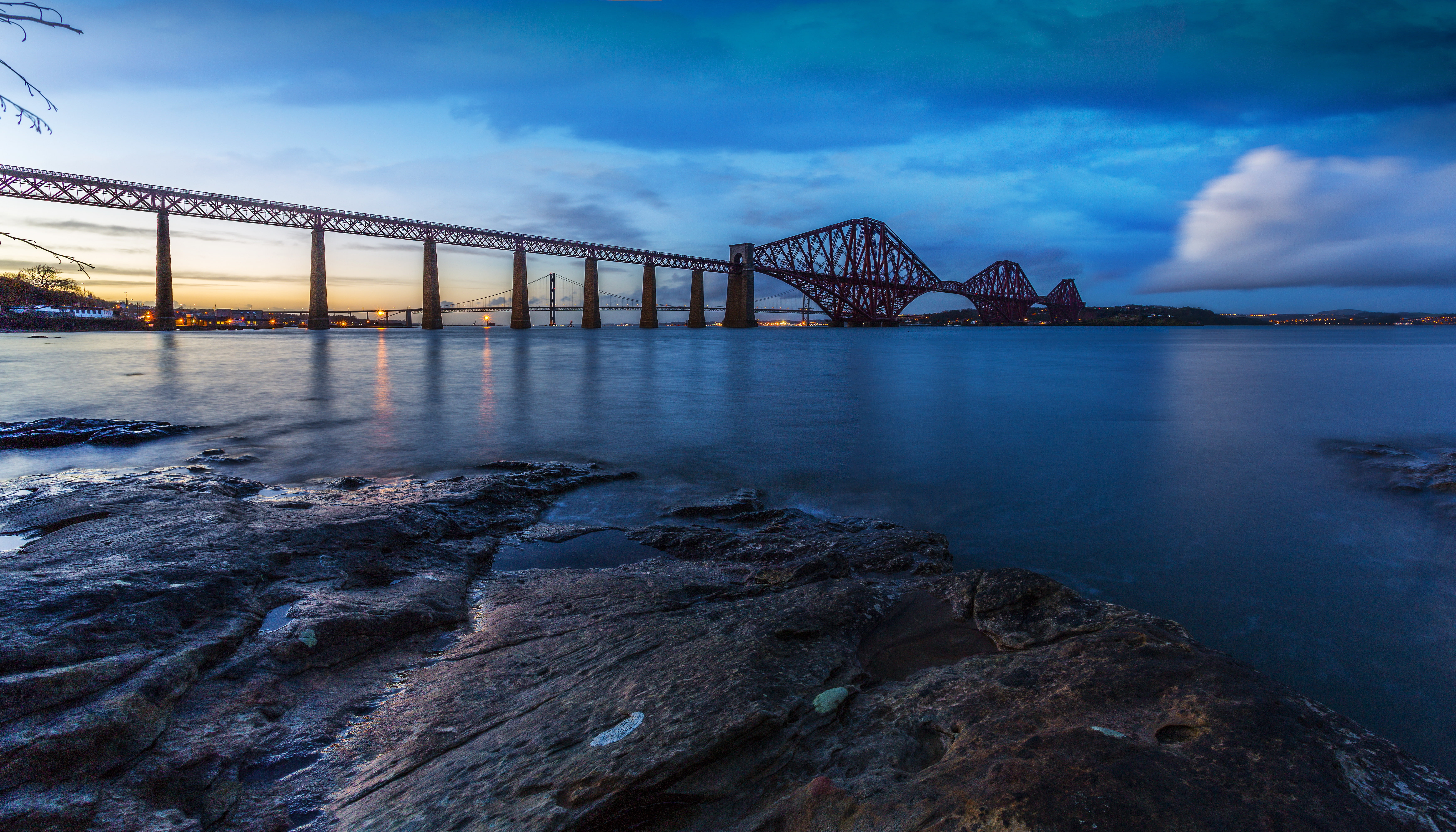sunset, bridge, lights, stones, coast, the evening, Scotland