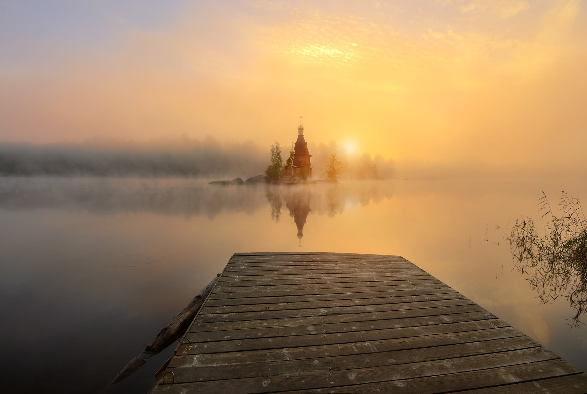 water, landscape, nature, fog, dawn, morning, Church, mostok