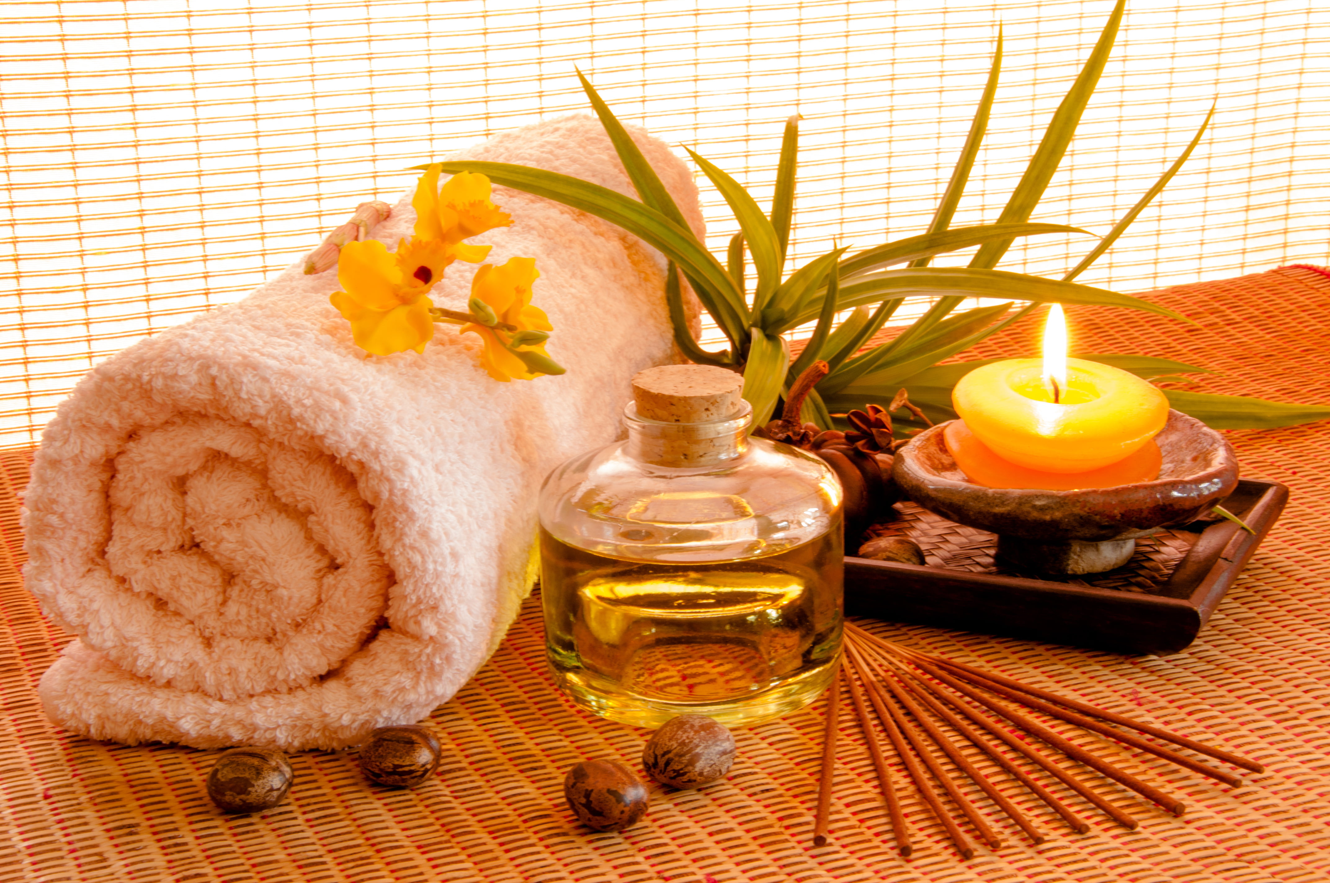 pink towel, glass bottle, and tealight candle, oil, Spa, spa Treatment