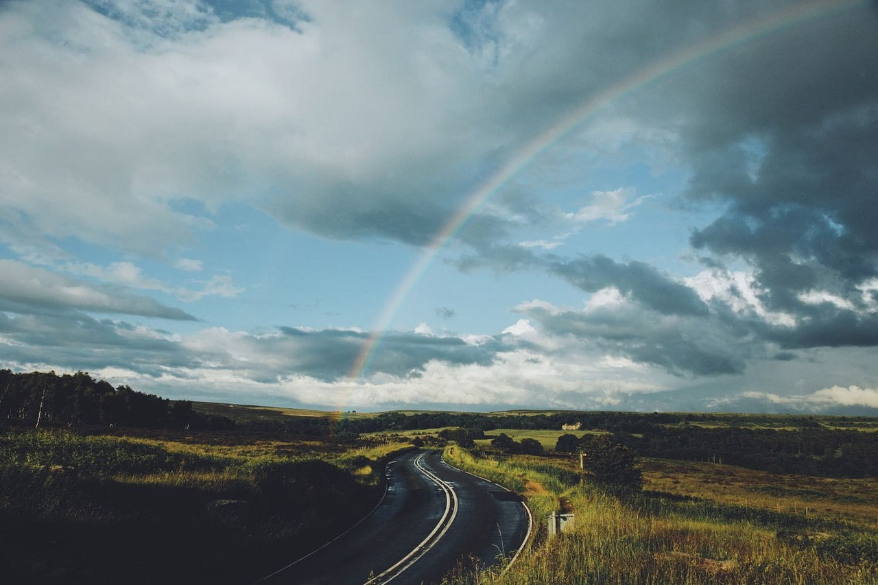 nature, rainbows, road, sky