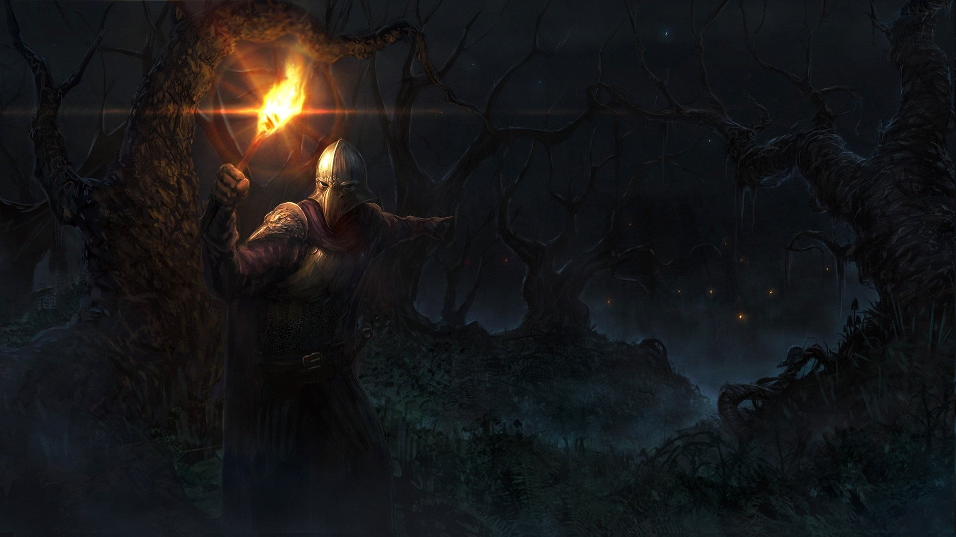 forest, trees, night, fire, people, armor, mask, fantasy, torch