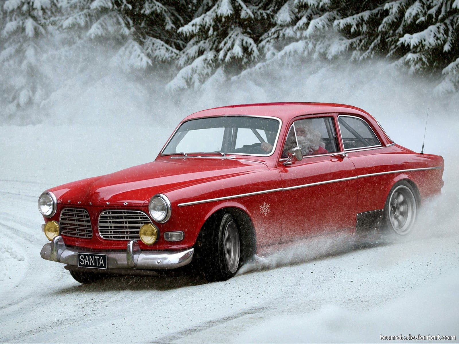 vintage red coupe, snow, santa, Santa Claus, drift, car, Volvo