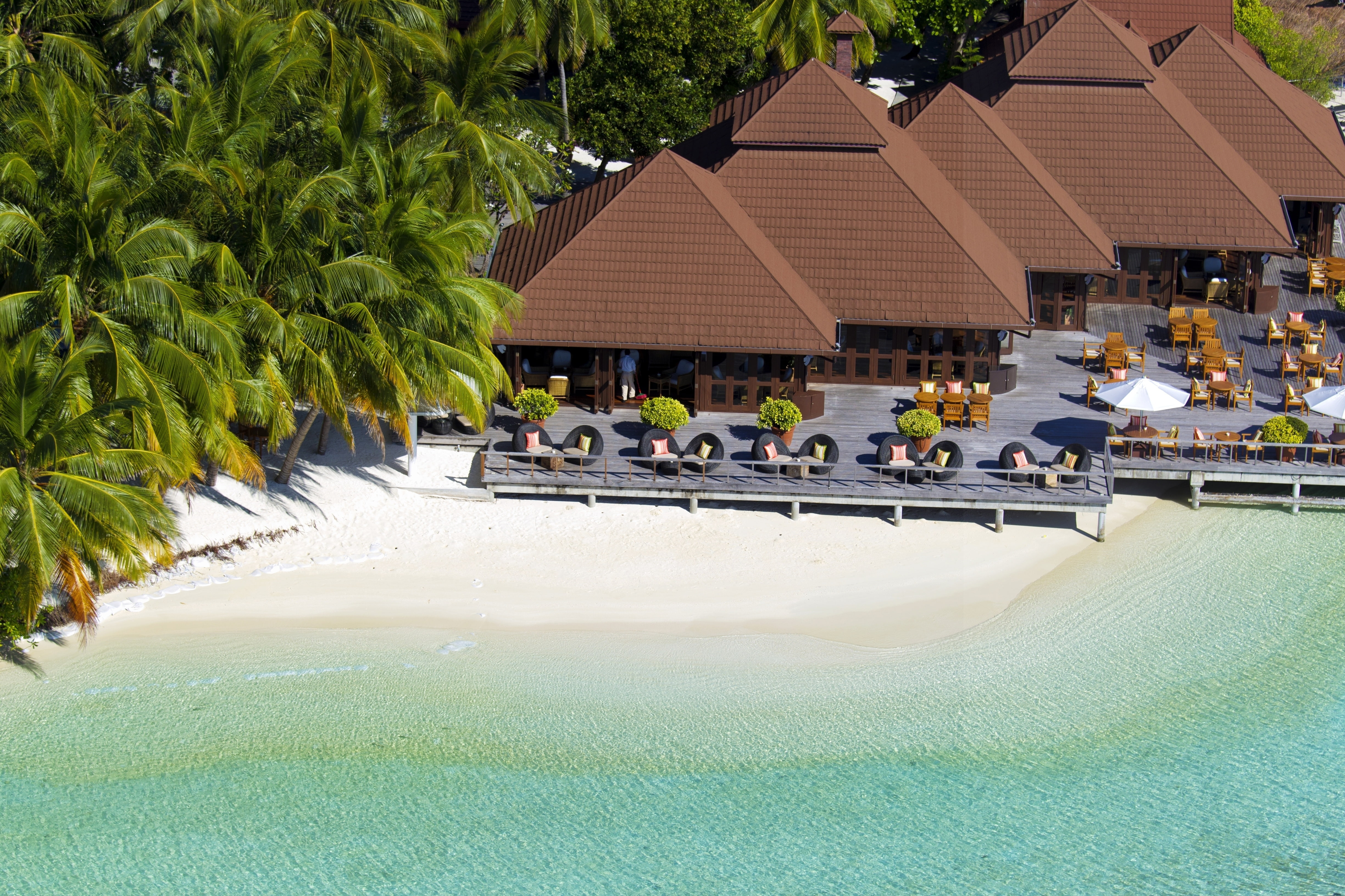 brown house roof, sand, beach, palm trees, shore, island, the Maldives
