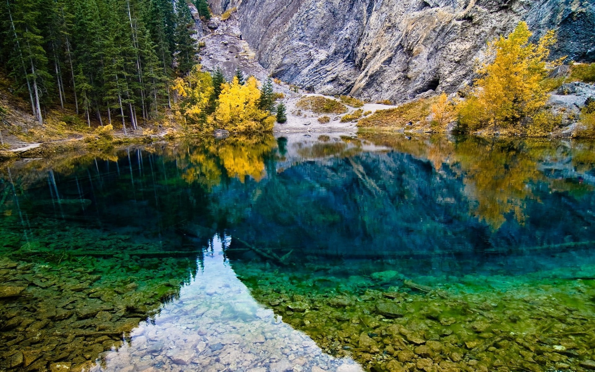 Lake with rocks, Mountain, forest, trees, reflection, Nature