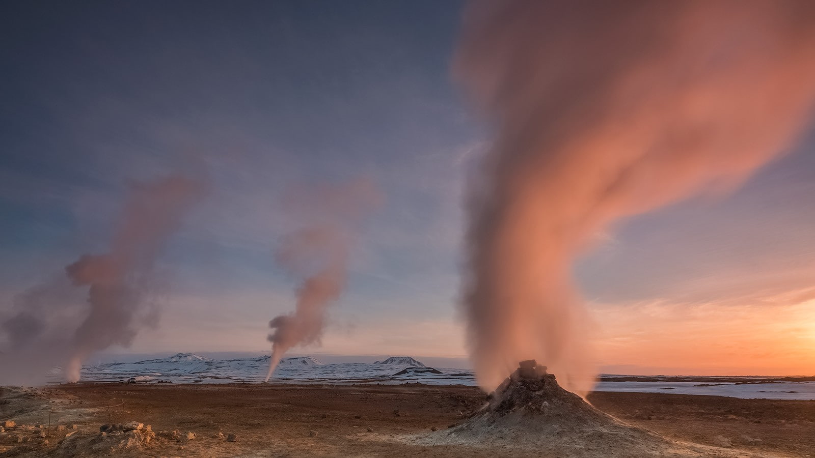 landscape, geysers, Iceland, sunset, orange sky, geothermal place