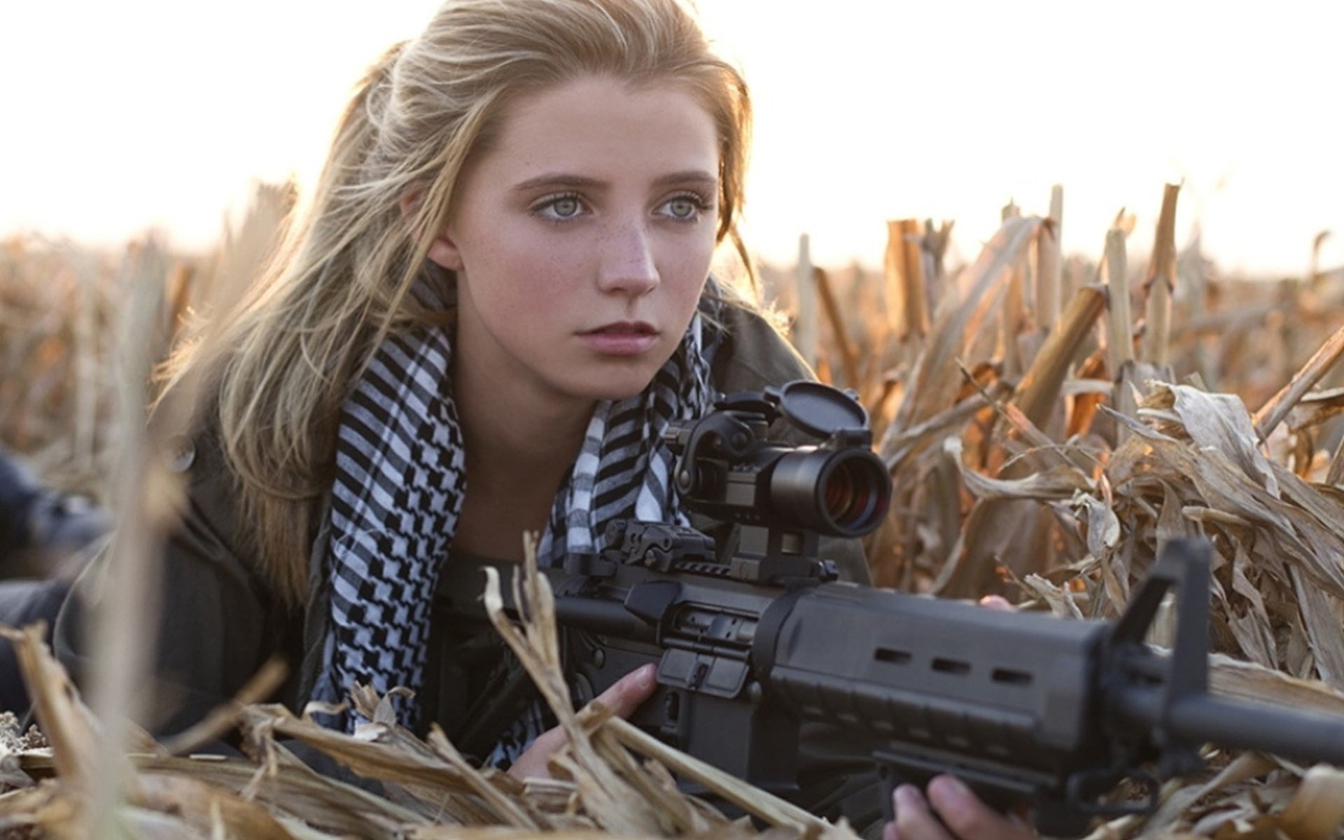 black sniper rifle, grass, girl, machine, assault rifle, warrior girl