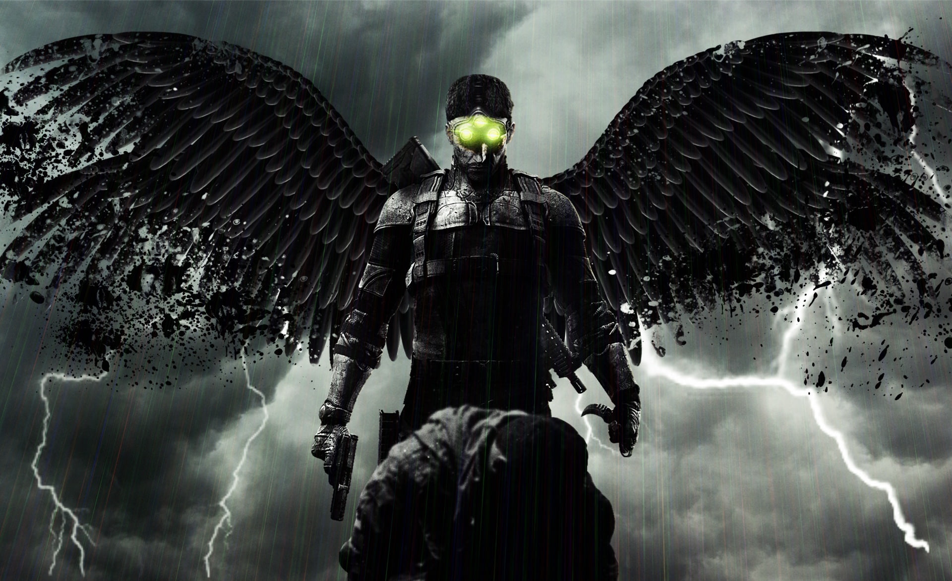 Splinter Cell, man wearing black suit with wings holding pistol digital wallpaper