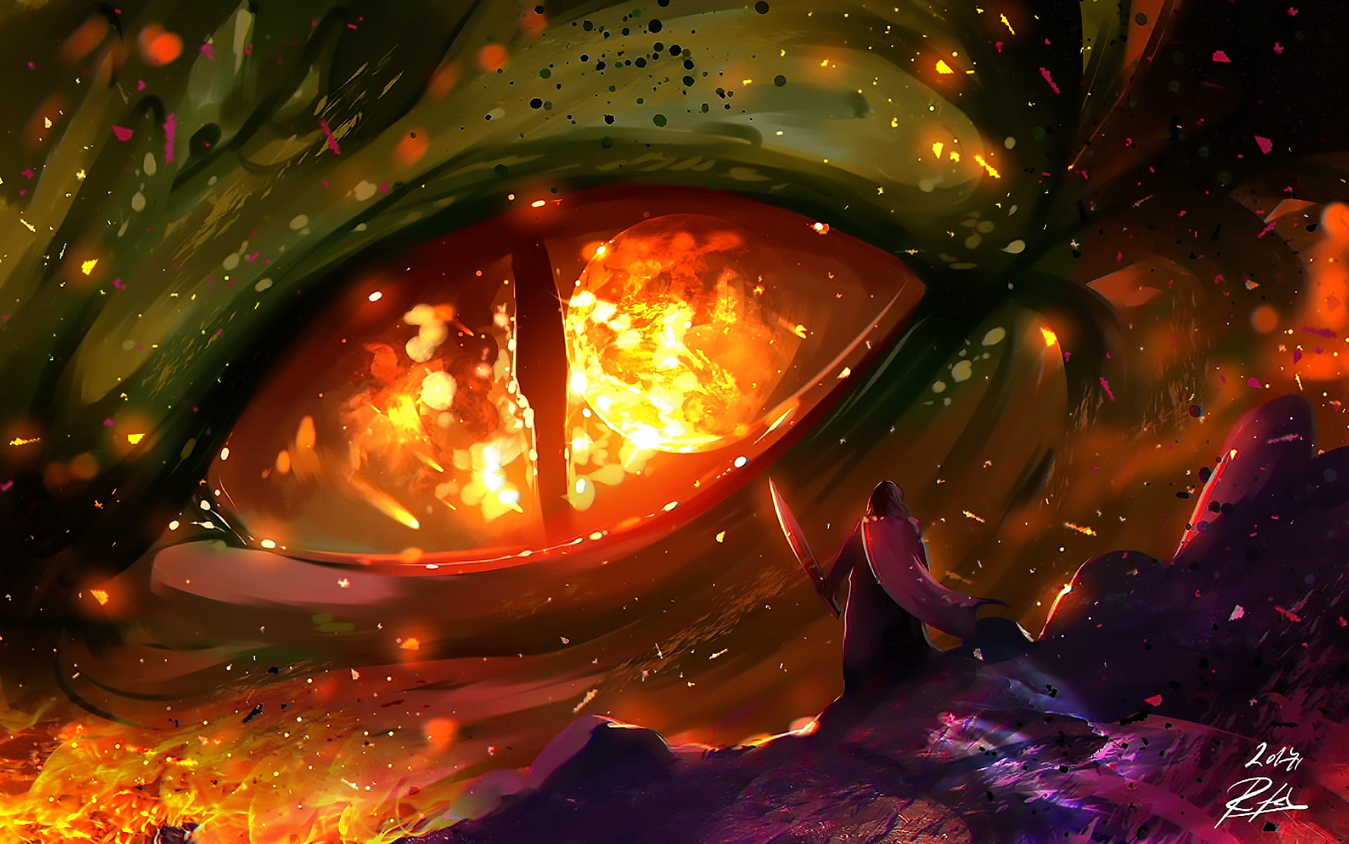 dragon, eye, close-up, knight, fire, painting, Fantasy, no people