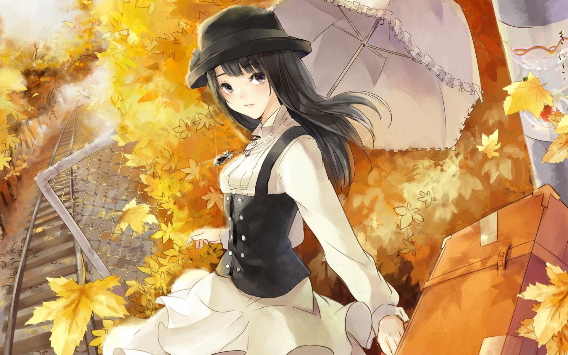 Art Girl Look Mood Umbrella Autumn Anime