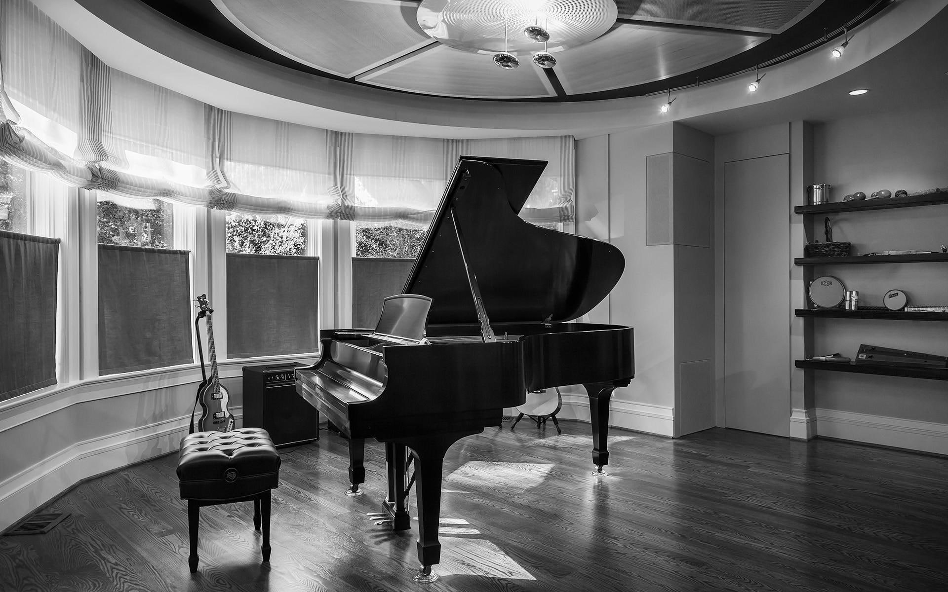 Music Room, interior, guitar, ebony, black, white, house, photography