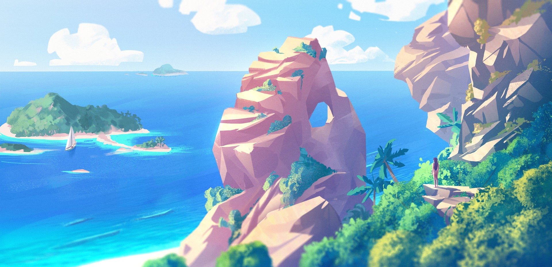 island near ocean cartoon, artwork, digital art, beach, sea, palm trees