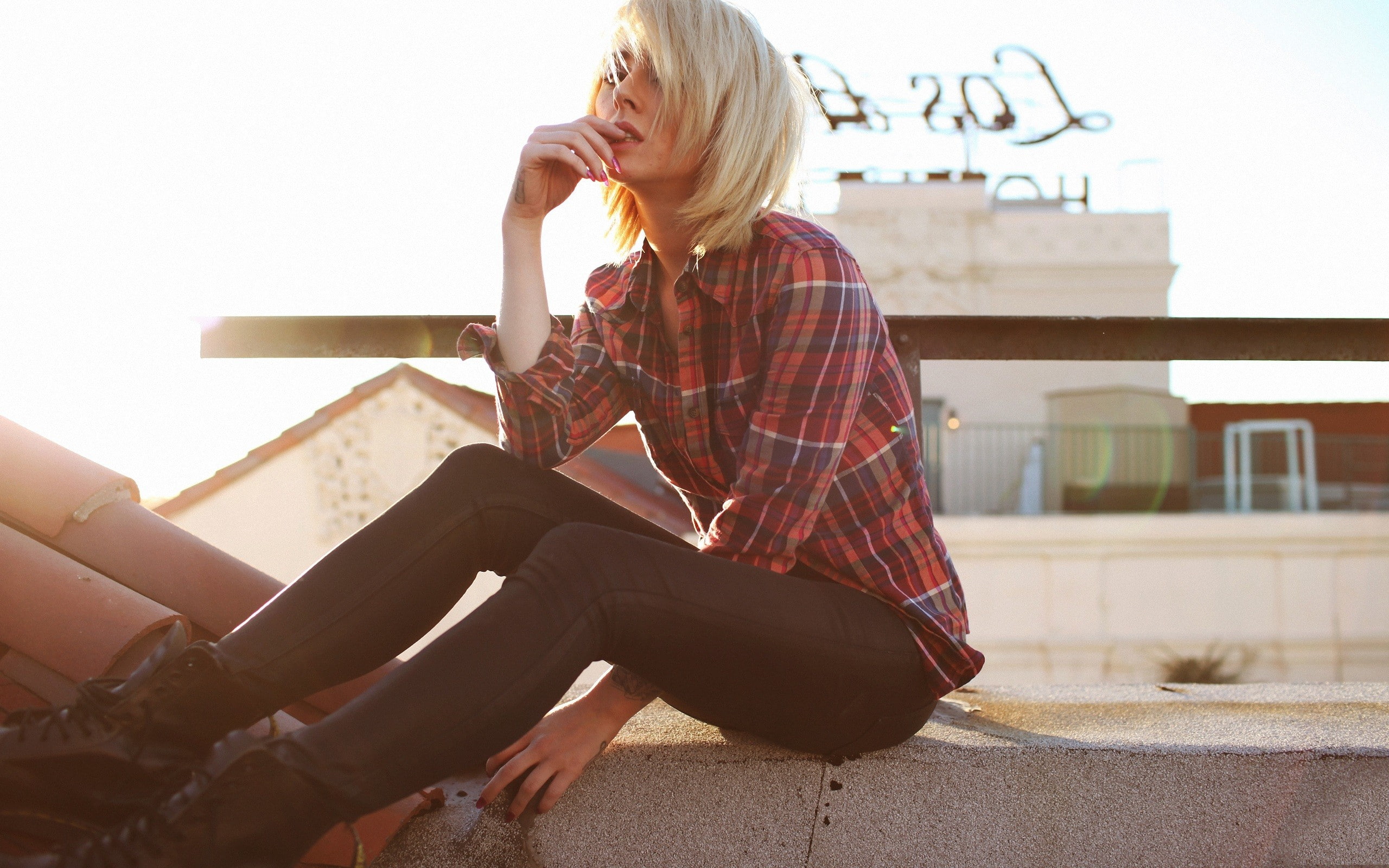 Women HD, women's red , white , black , and gray plaid dress shirt ; women's black skinny jeans ; black leather boots