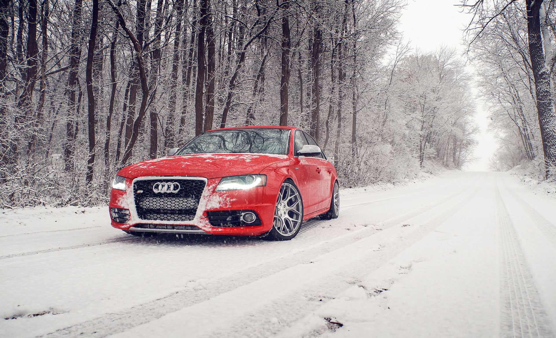 red Audi sedan, winter, snow, before, car, land Vehicle, road