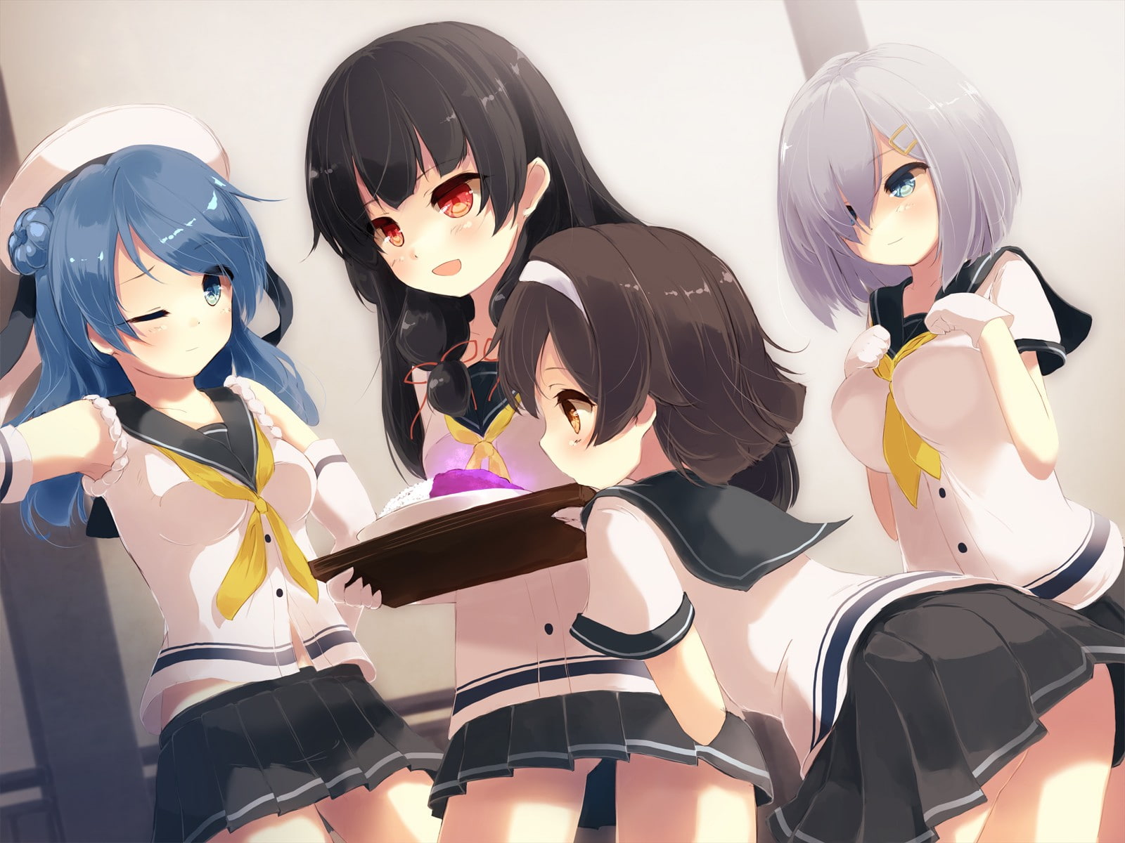 Anime Girls, Hamakaze, Isokaze, Tanikaze, Urakaze, KanColle, female wearing school uniform anime