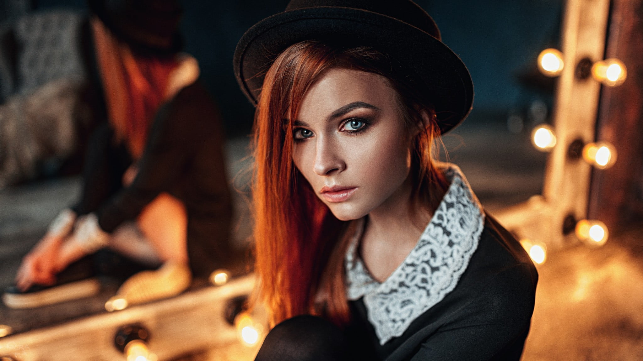 women, redhead, blue eyes, face, portrait, hat, black clothing