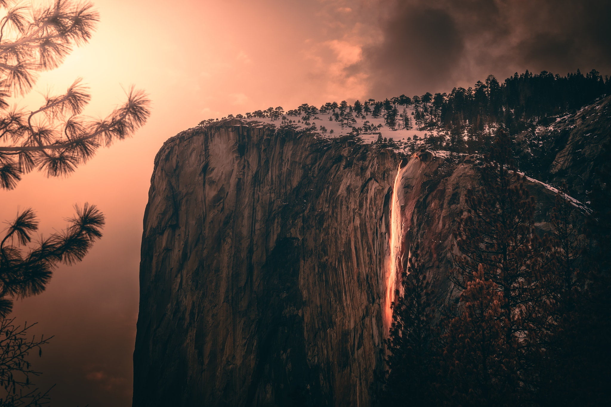 clouds, light, trees, mountains, branches, nature, rock, waterfall