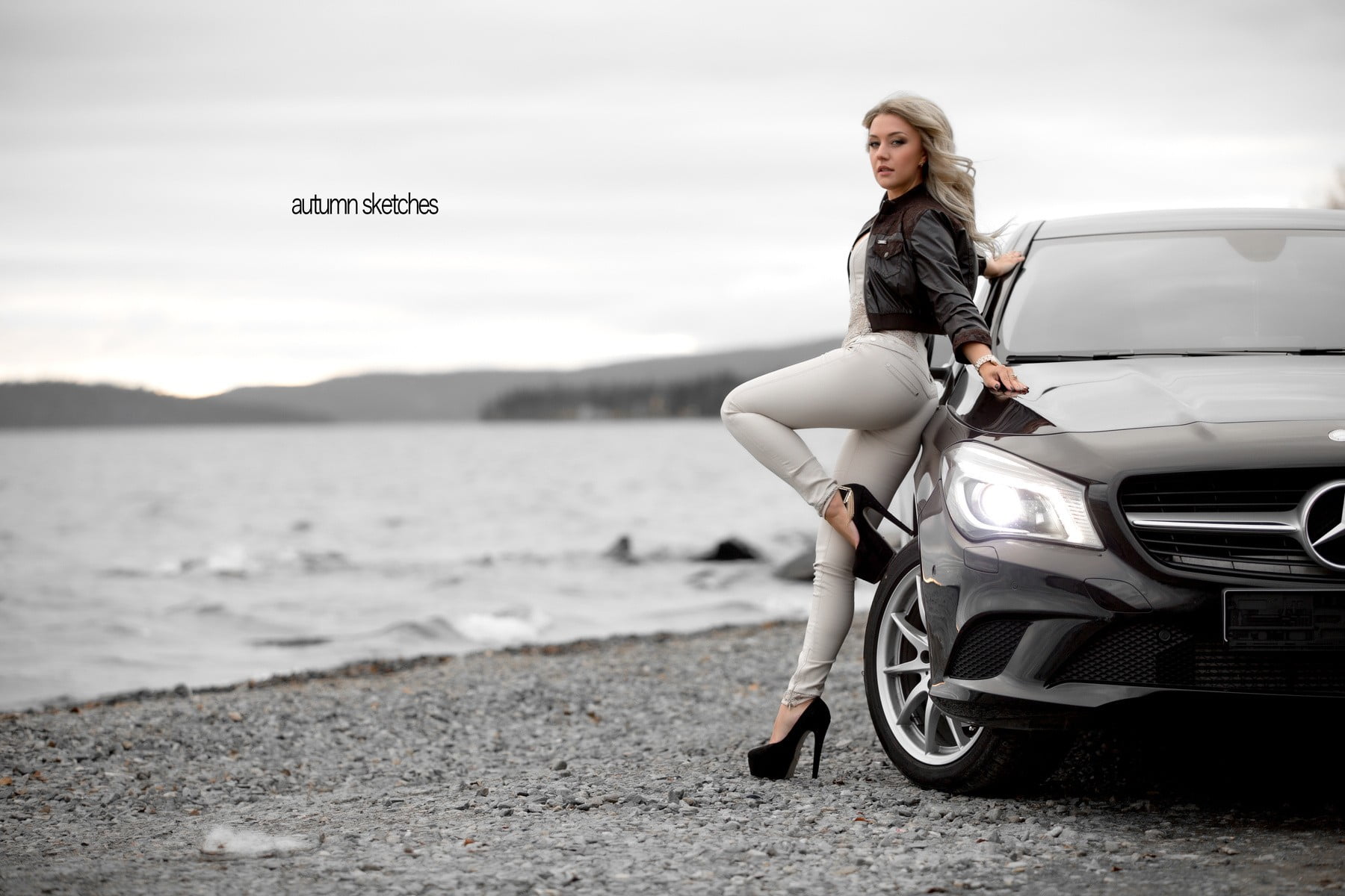 black Mercedes-Benz vehicle, women, blonde, pants, black heels