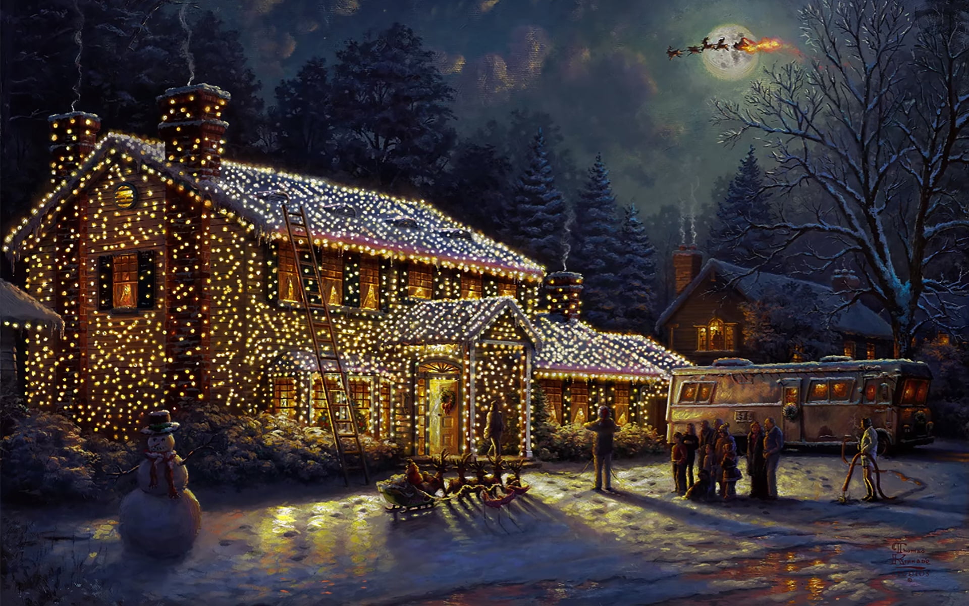 house with string lights illustration, canvas, oil painting, Christmas