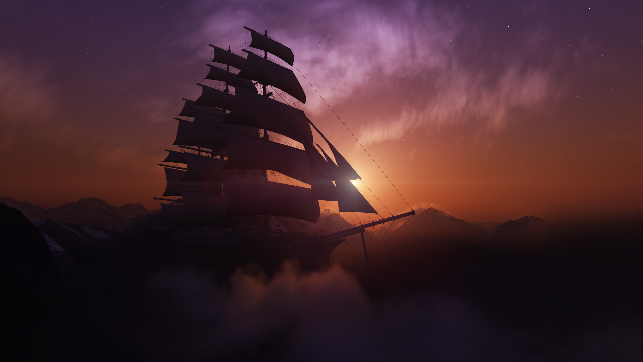 the sun, sunset, mountains, ship, sailboat, brig