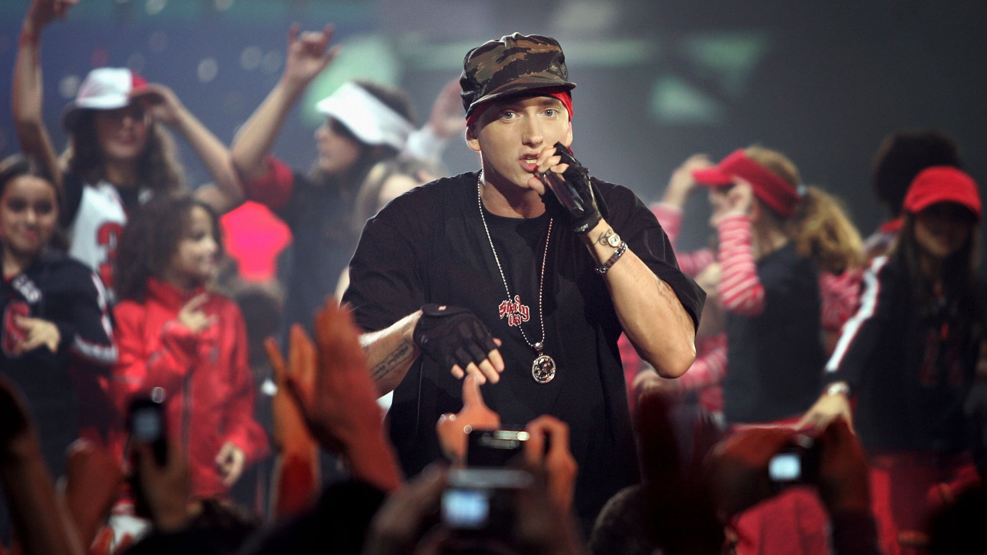 Eminem, microphone, gloves, club, cap, music, people, men, stage - Performance Space