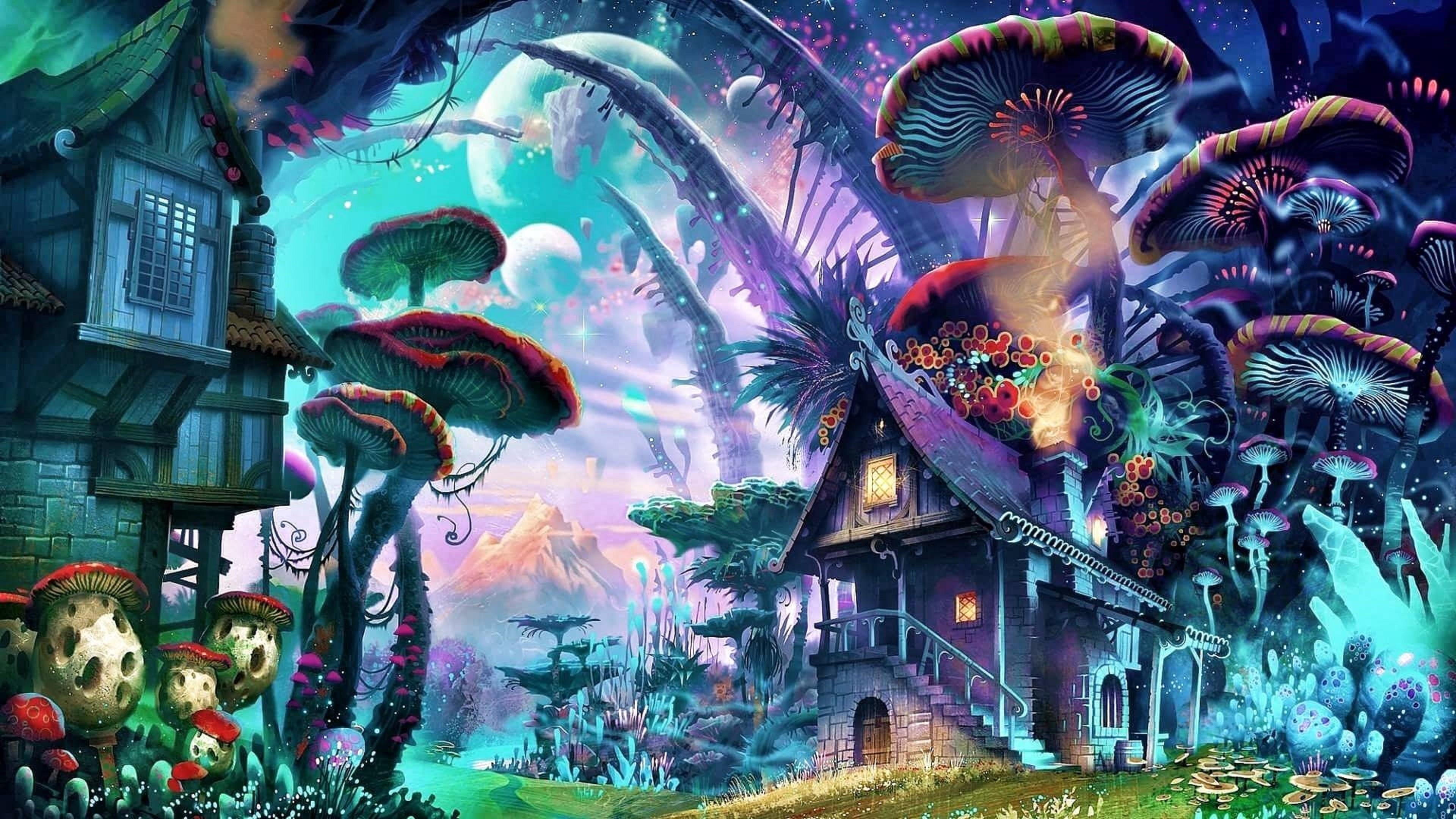 art, mushrooms, mushroom house, tree, psychedelic art, graphics