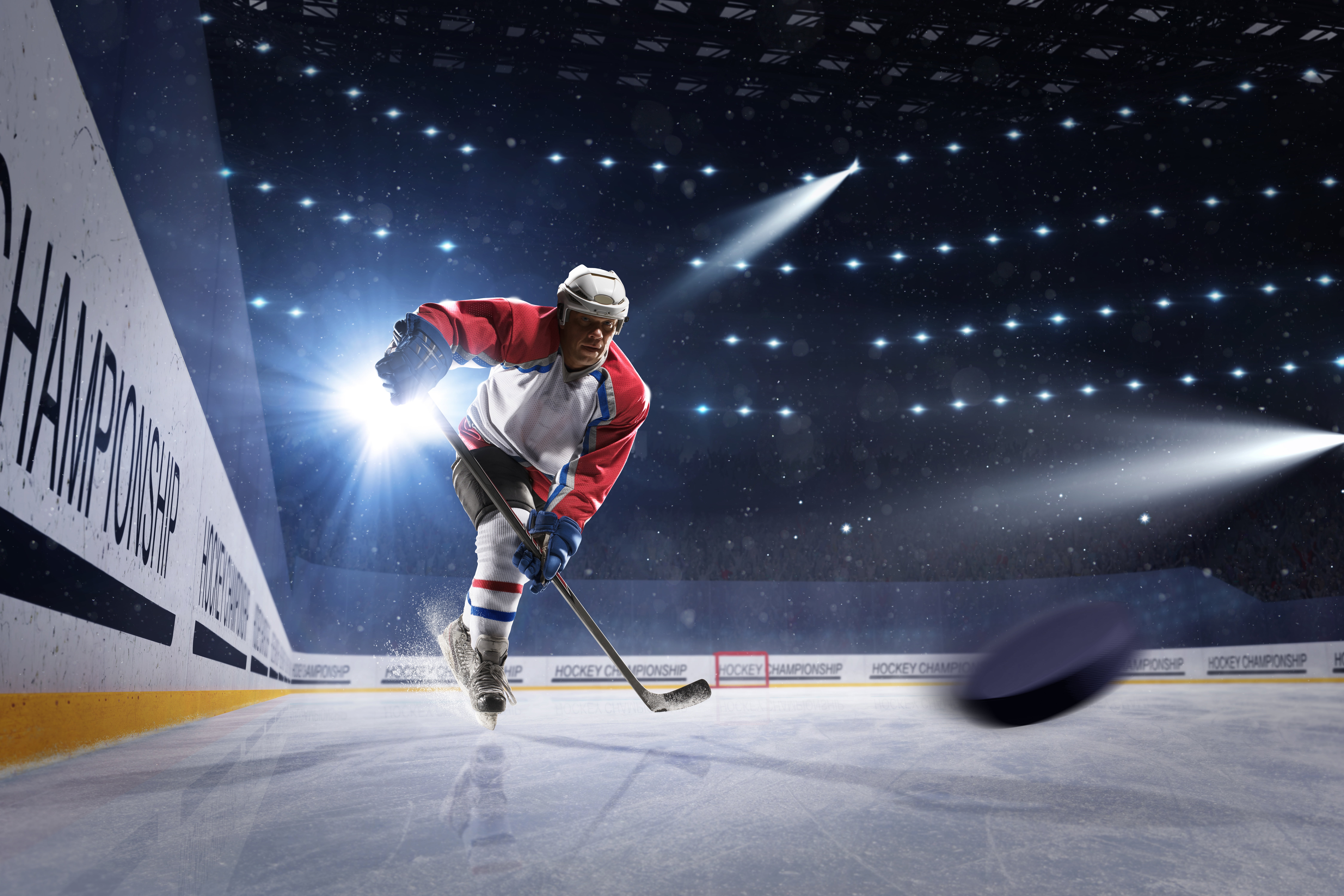 men's white and red ice hockey jersey shirt, light, sport, gloves