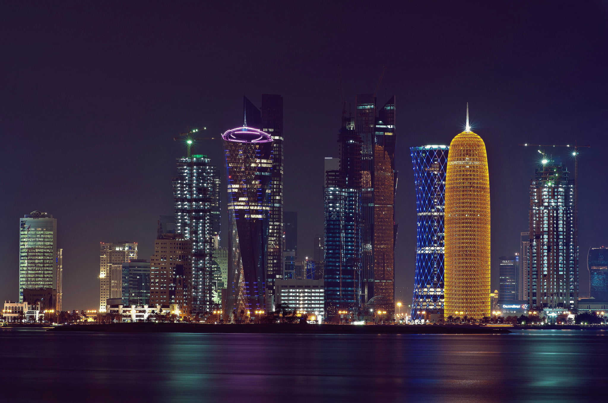 lighted high-rise buildings, night, the city, lights, The Persian Gulf