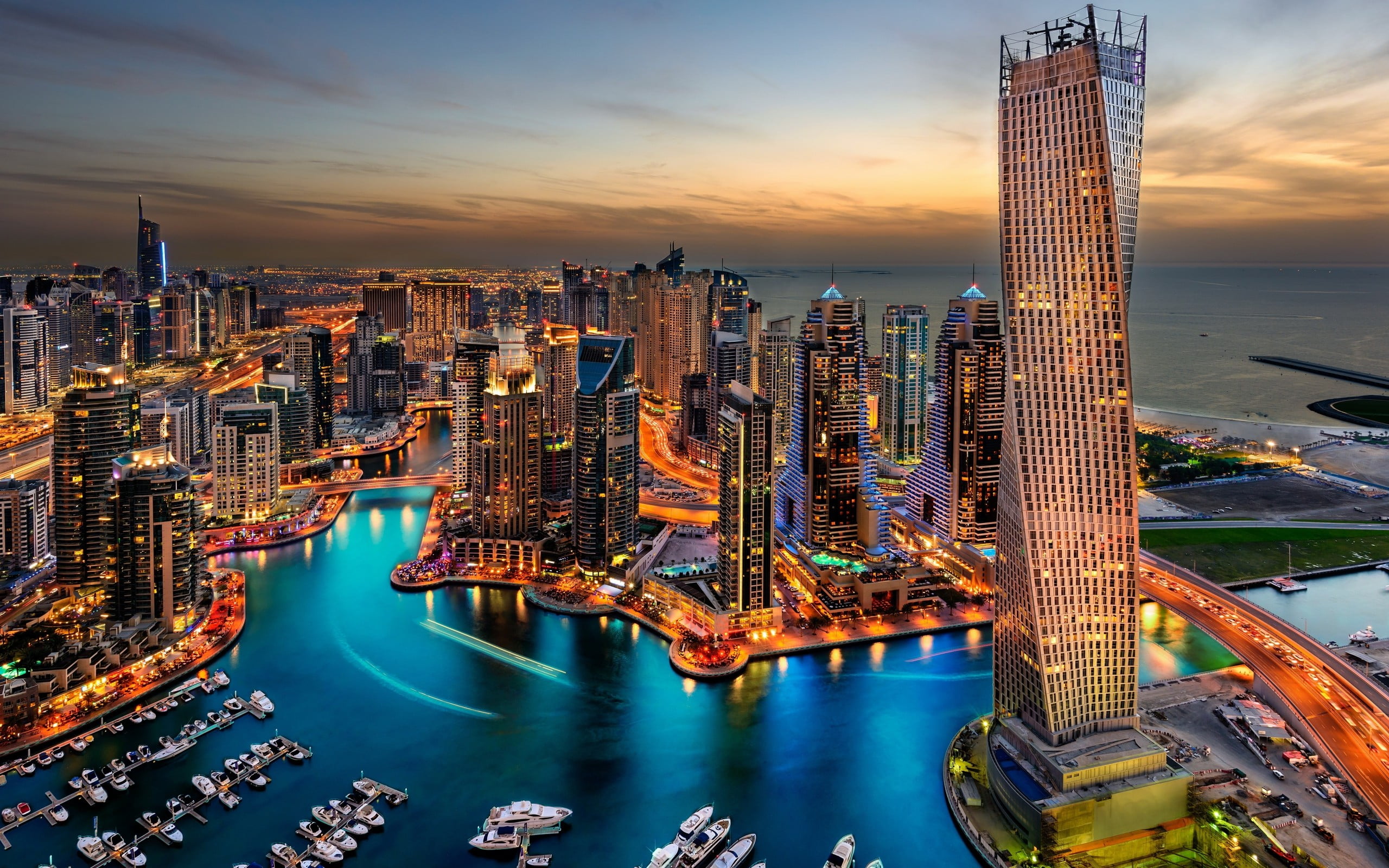 cityscape digital wallpaper, Dubai, city lights, boat, harbor