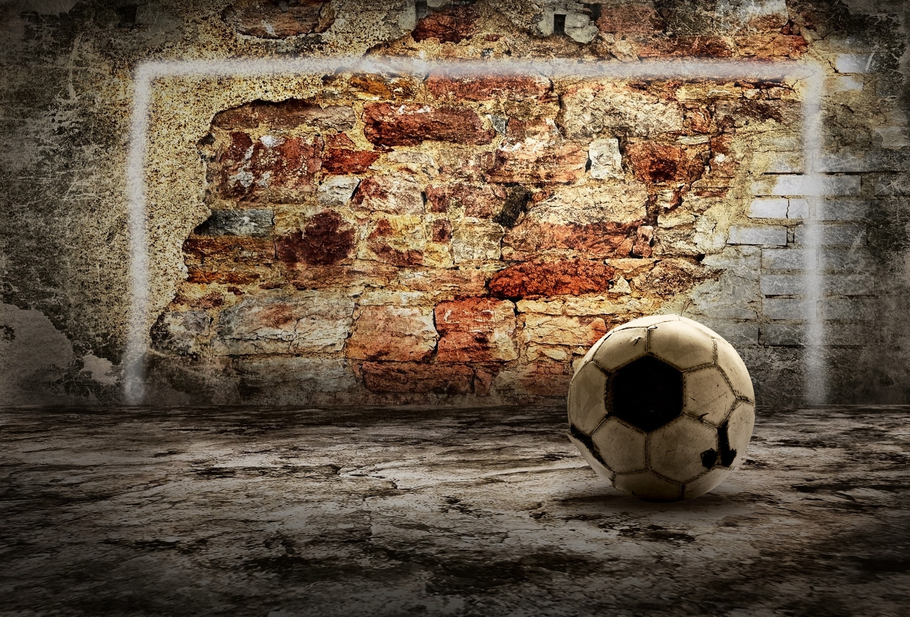 white and black soccer ball, sports, Goal, wall, bricks, team sport