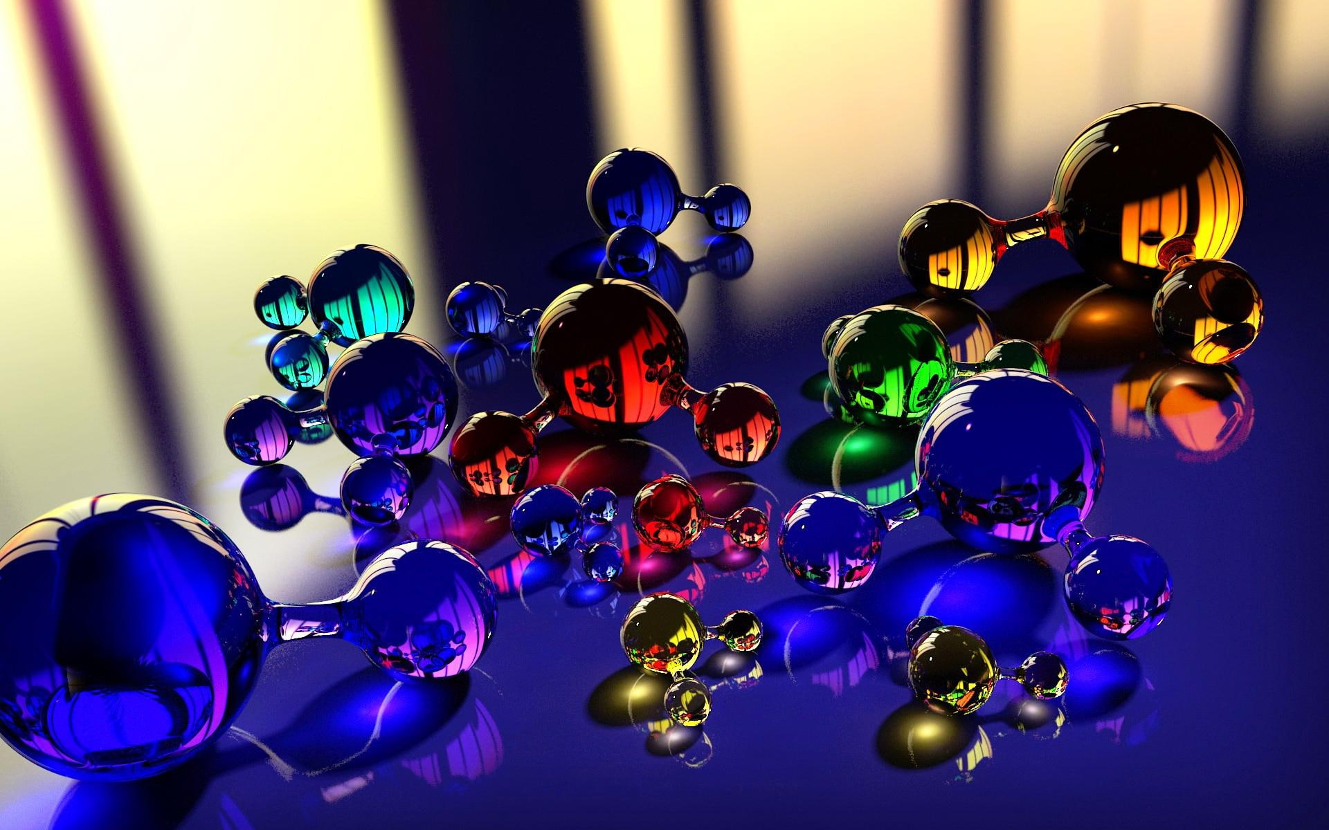 balls, molecule, massager, glass, reflection, color