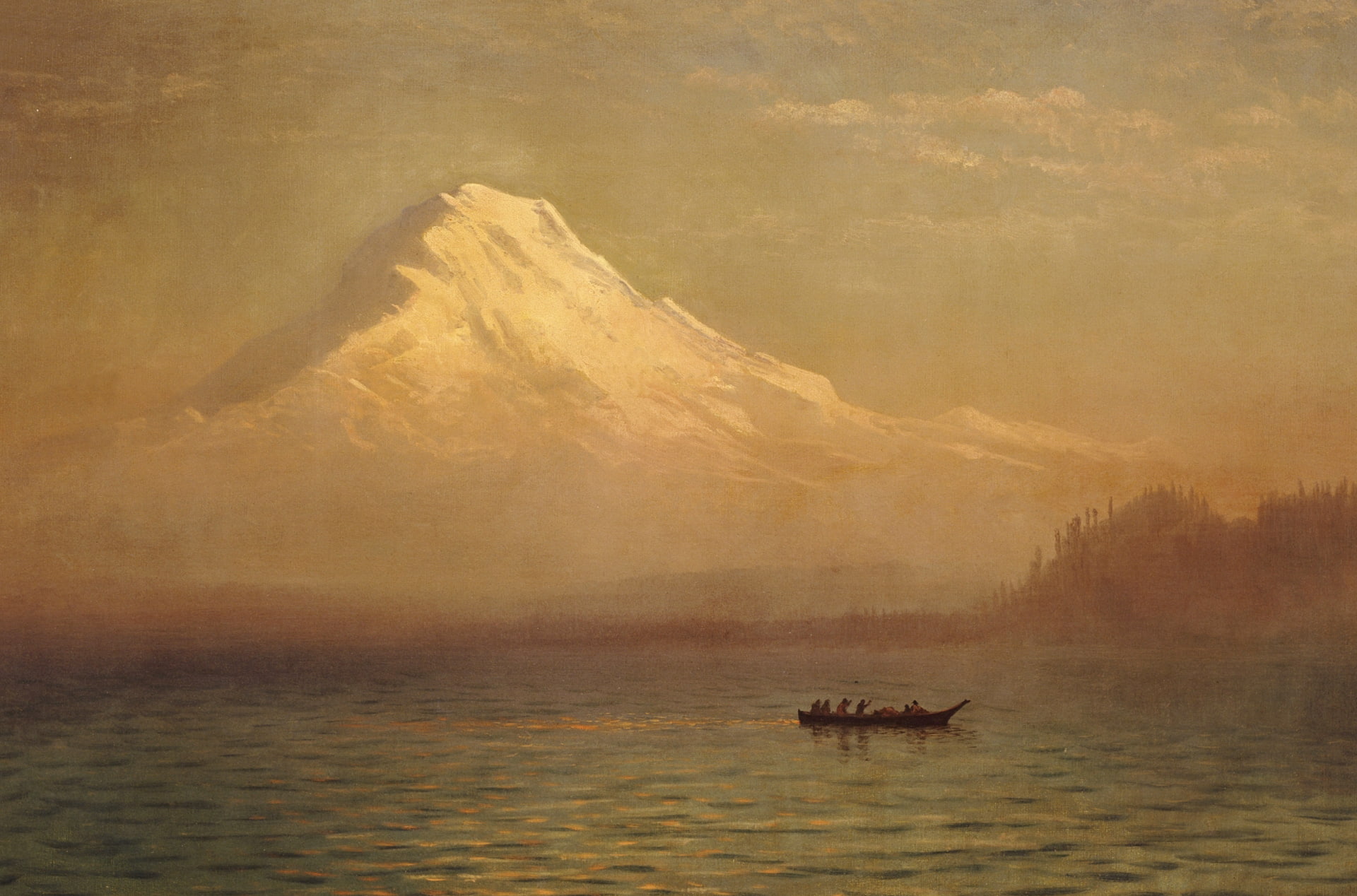 landscape, lake, boat, picture, Albert Bierstadt, Sunrise on Mount Tacoma