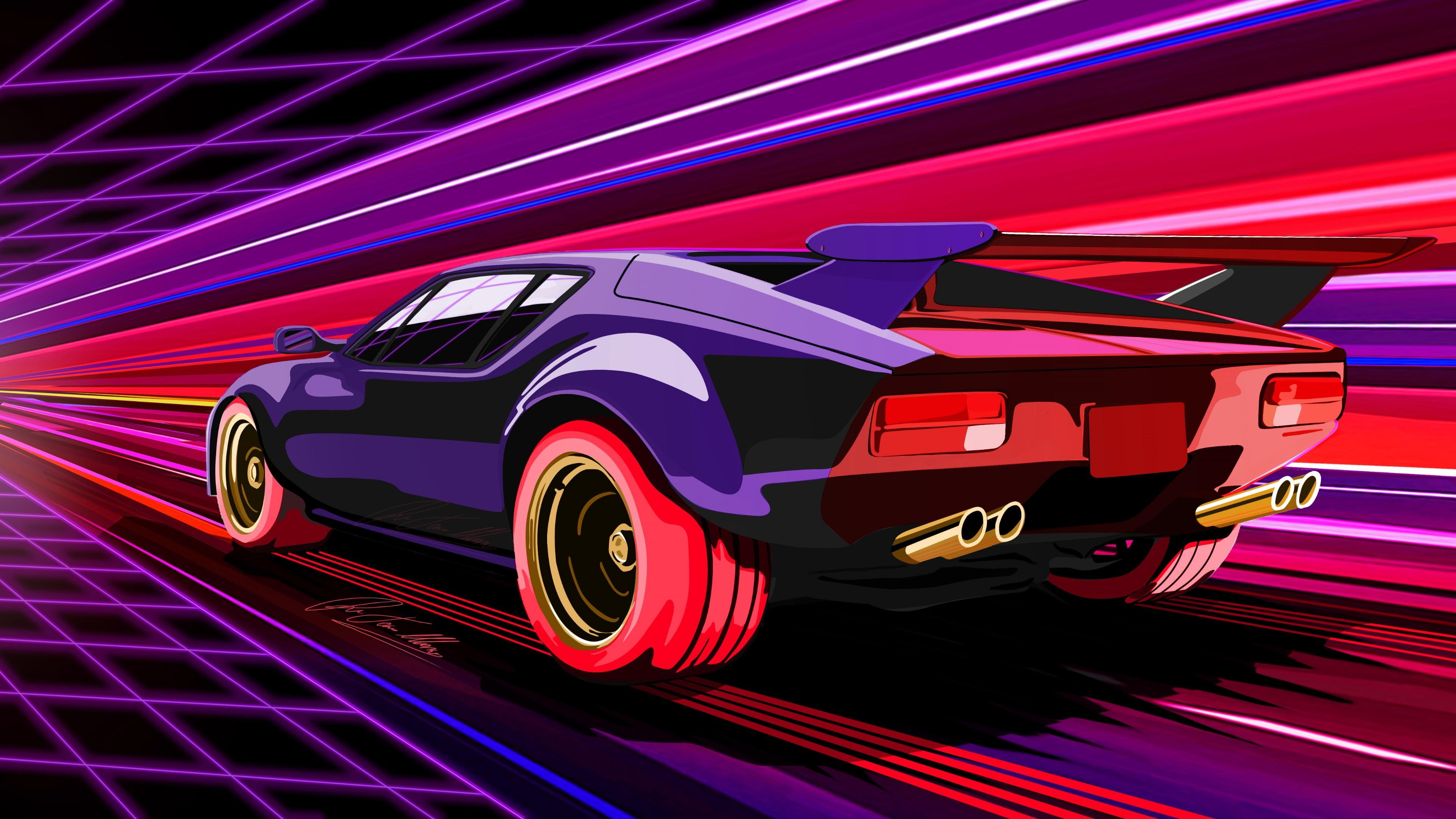 retrowave, car, vehicle, sports car, synthwave, 80s, 1980s