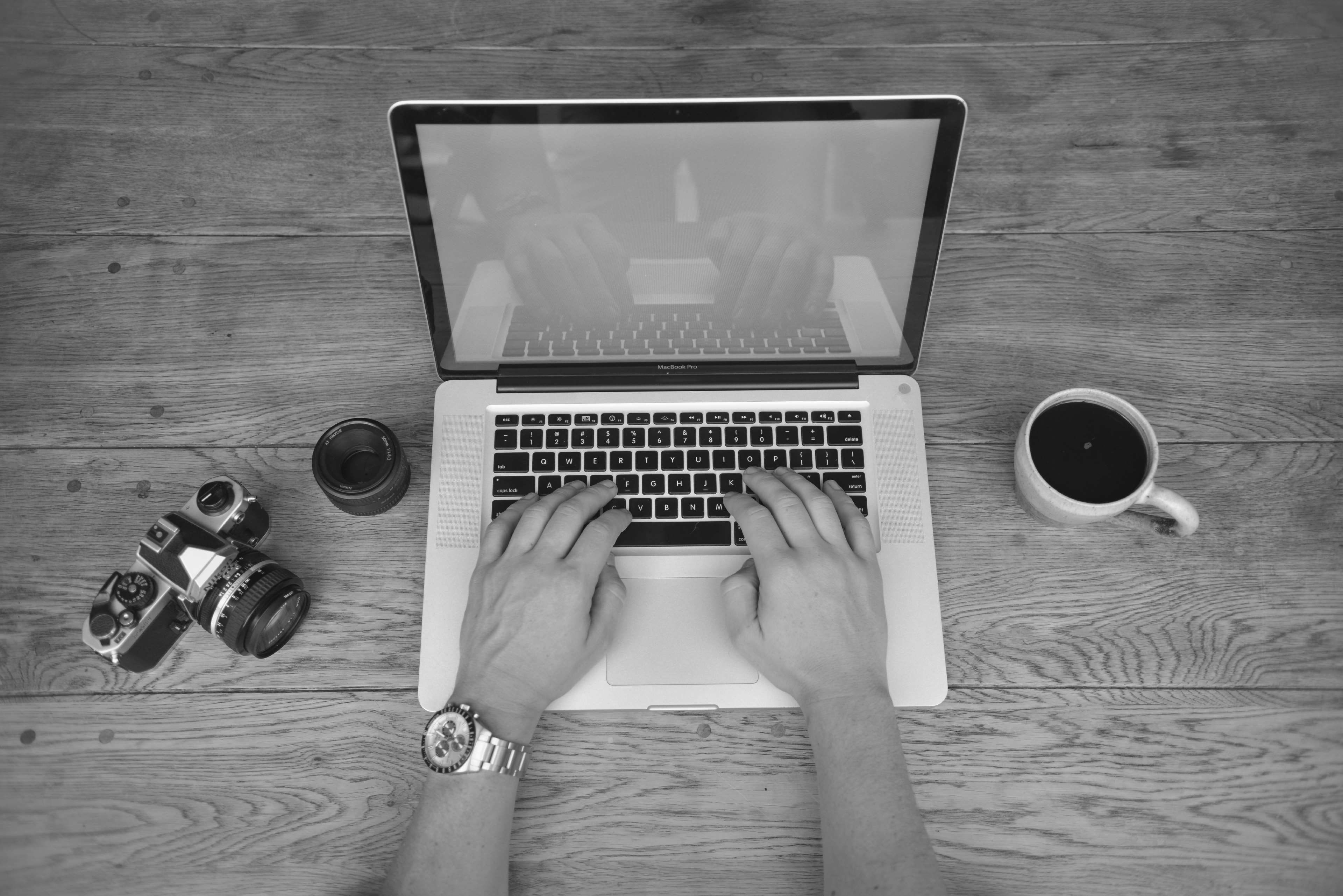 apple, black and white, camera, coder, coffee, computer, cup