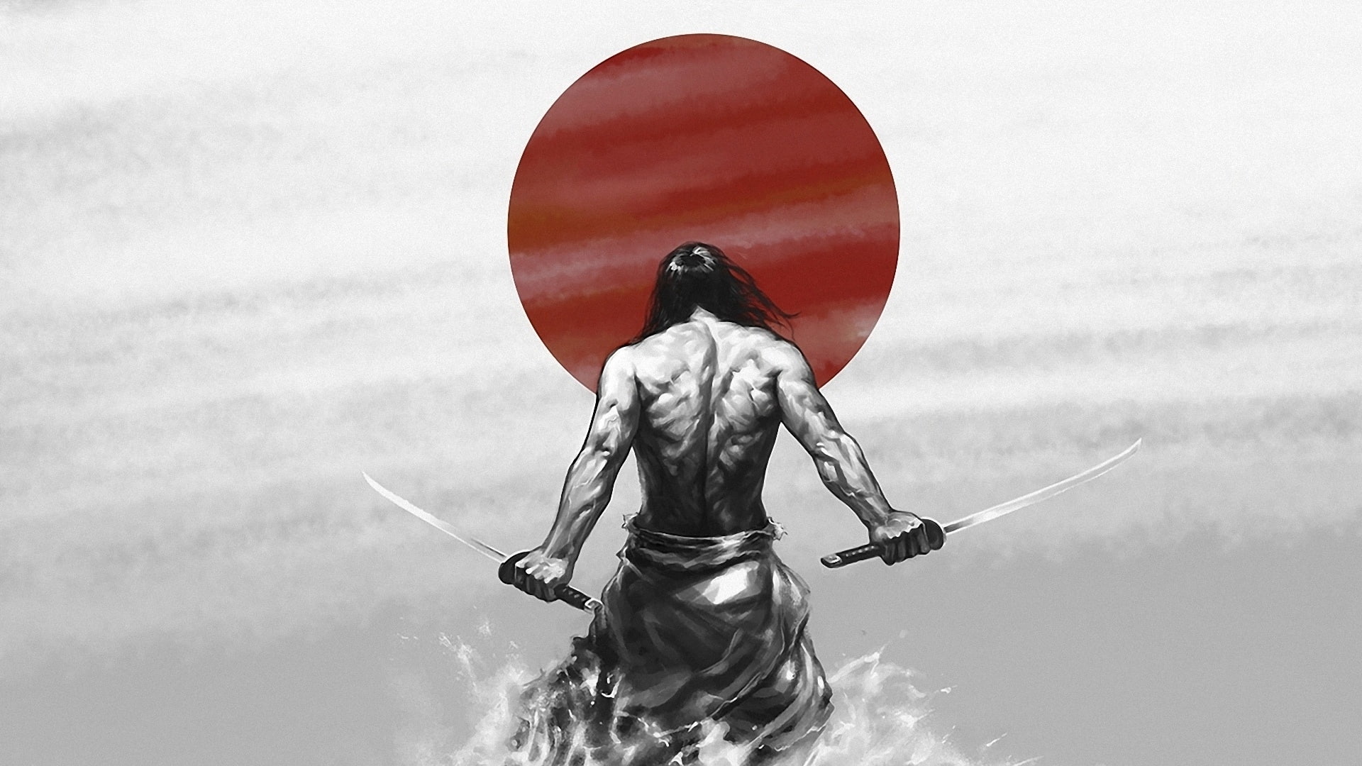 samurai, back view, twin katana, muscles, artwork, Anime, human representation