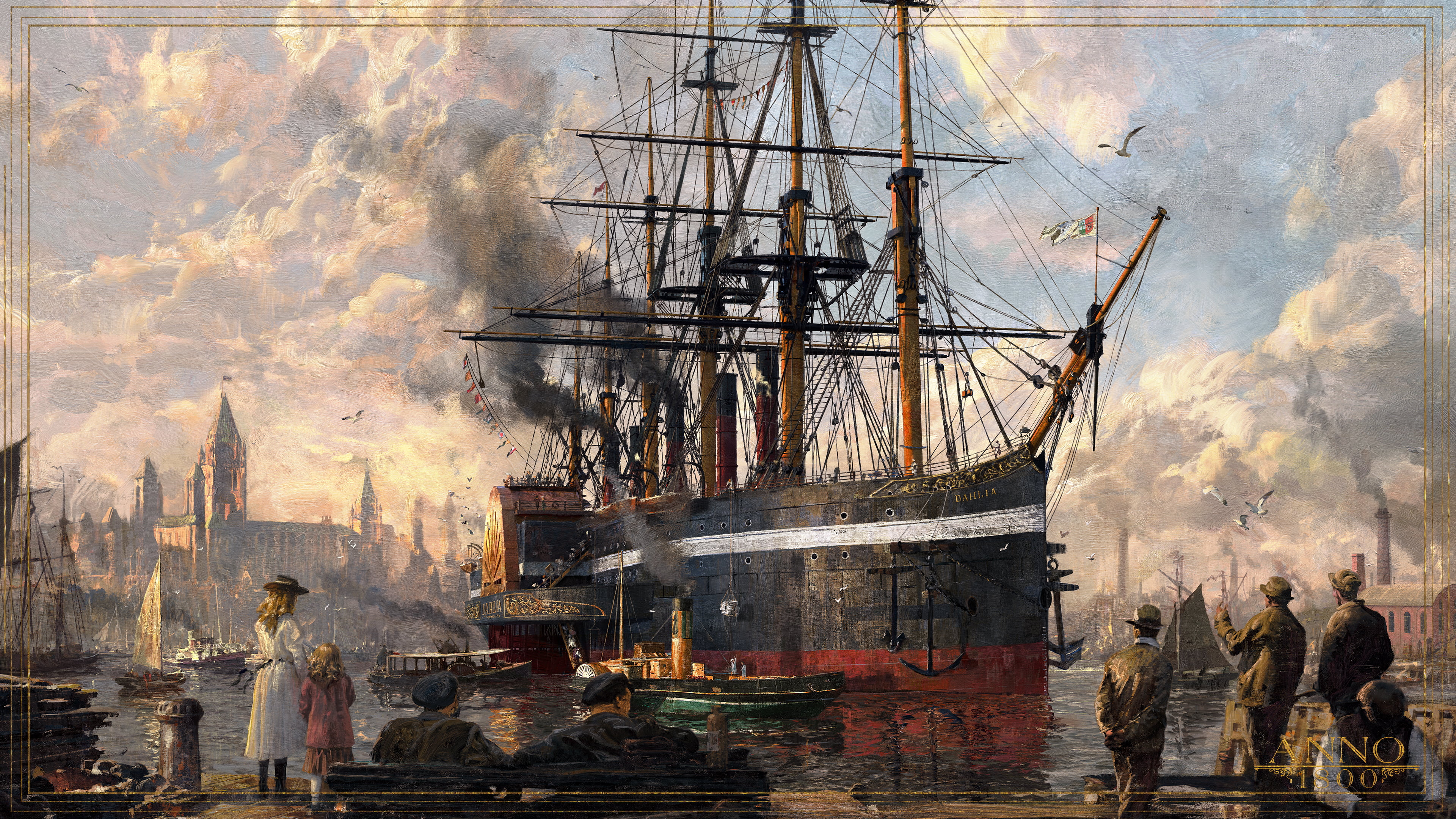 Anno 1800, 1800s, digital art, concept art, ship, harbor, steam ship