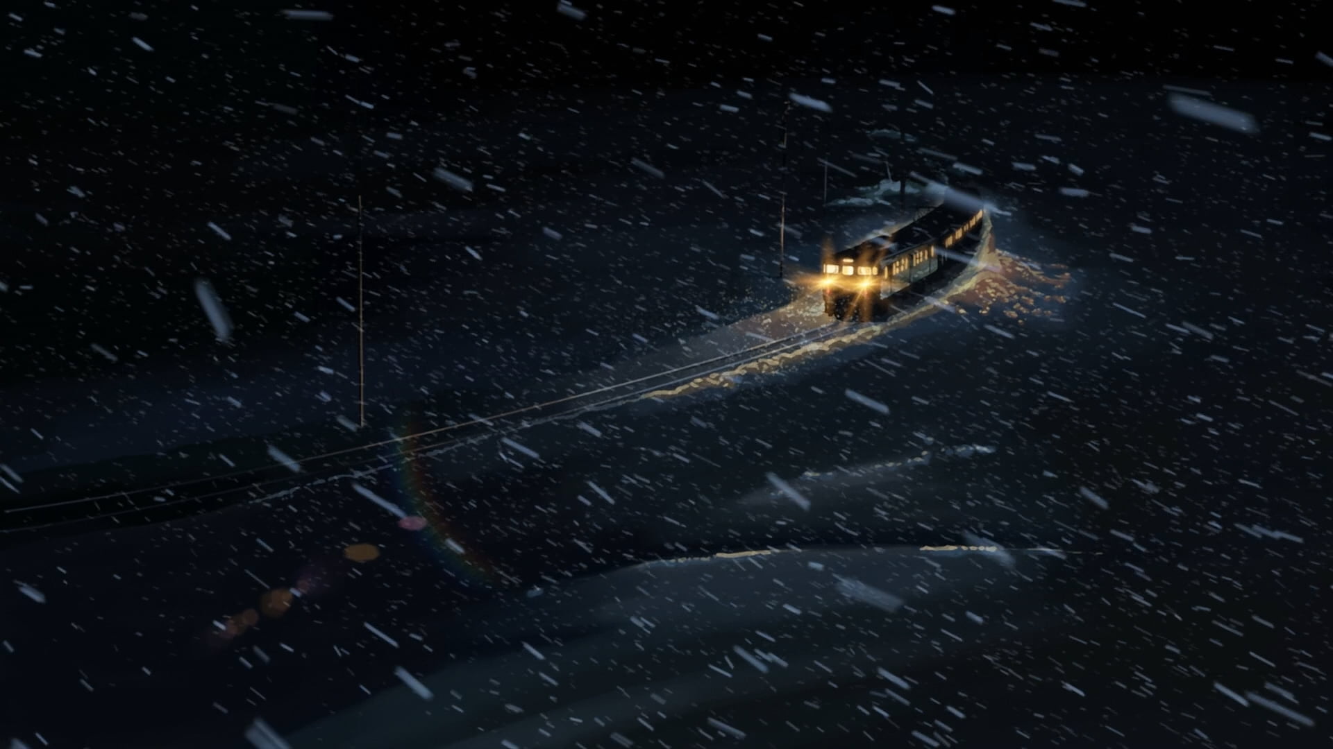 black boat, anime, 5 Centimeters Per Second, winter, snow, train