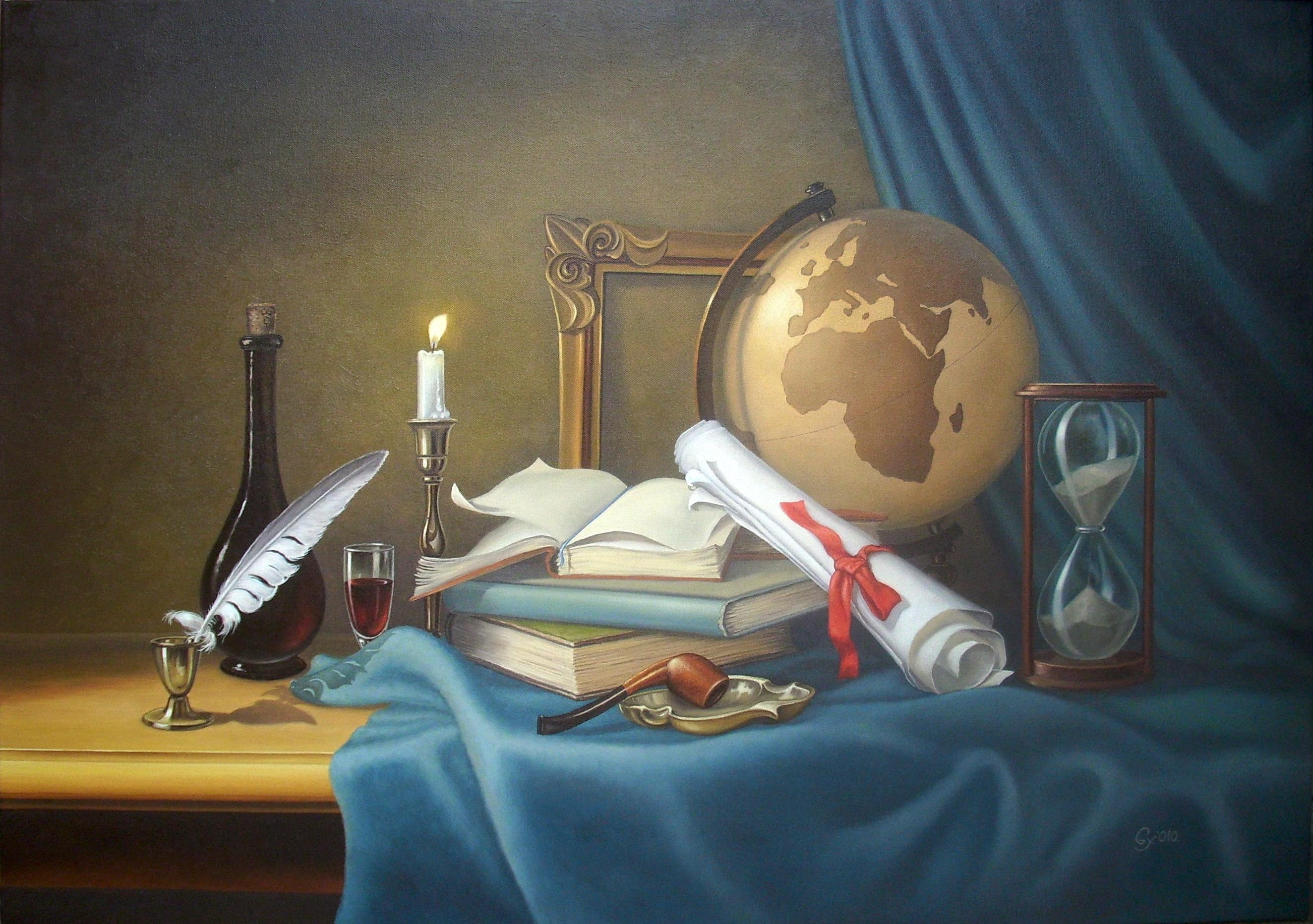 globe and hour glass paintingf, pen, books, candle, tube, still life