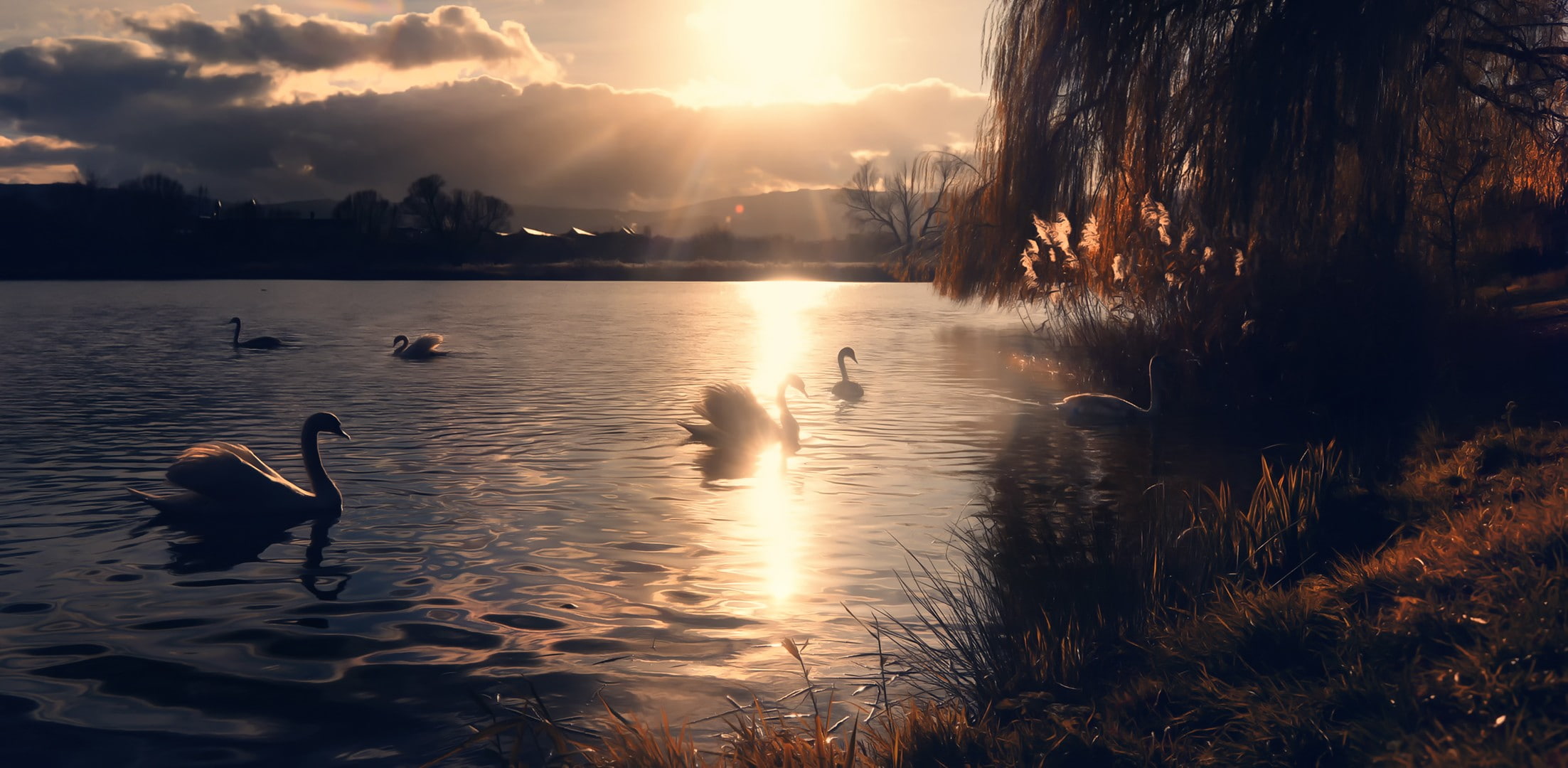 Miss Froggi, swans, lake, swans in body of water, sun