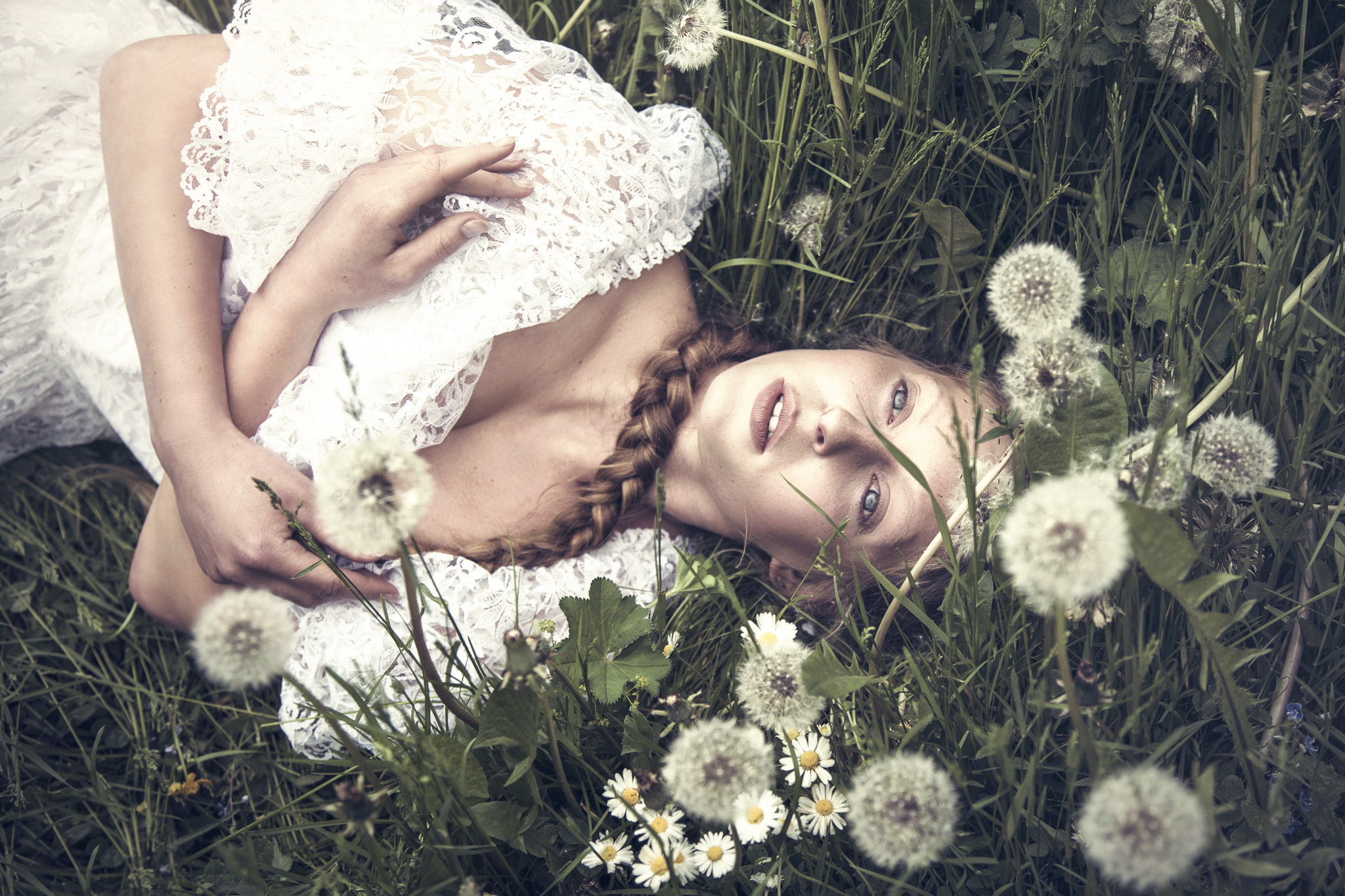 girl, braid, dandelions, Thinloh