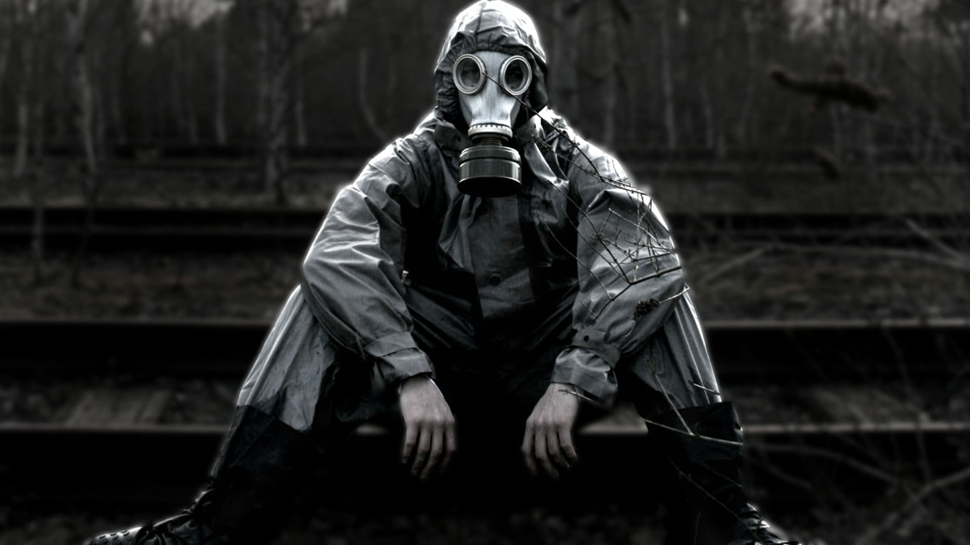 person's black gas mask, gas masks, apocalyptic, railway, front view