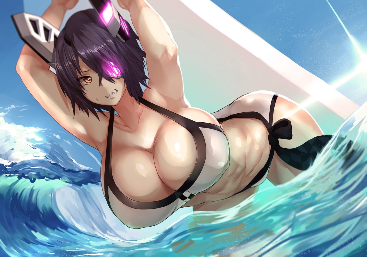 black haired anime-themed female character, big boobs, bikini